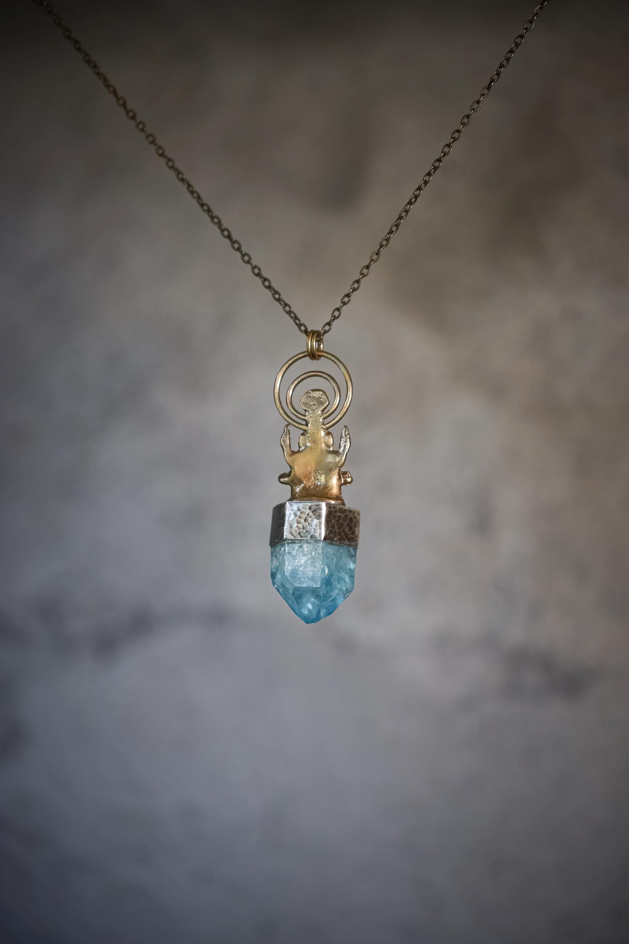 Ganesha Brass Cast Pendant, Aqua Aura Window Quartz Point Gem Grade Blue Tourmaline Slice, 925 Silver Bezel, Oxidized & Hammered Textured
