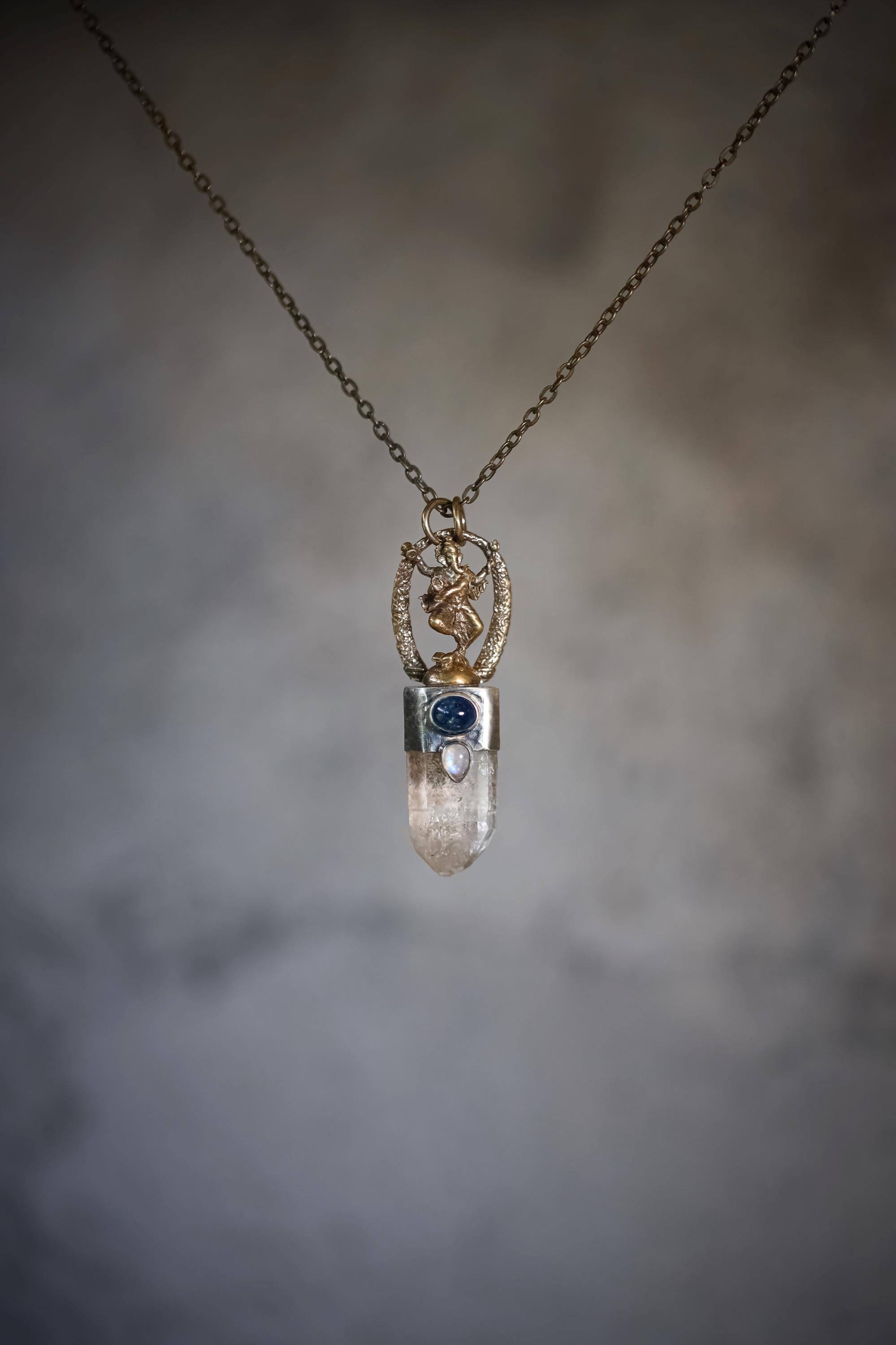 Ganesha Quartz Talisman Brass Cast Pendant, Pyrite Inclusion Quartz, Kyanite, Blue Moonstone, 925 Silver, Oxidized Hammered Textured