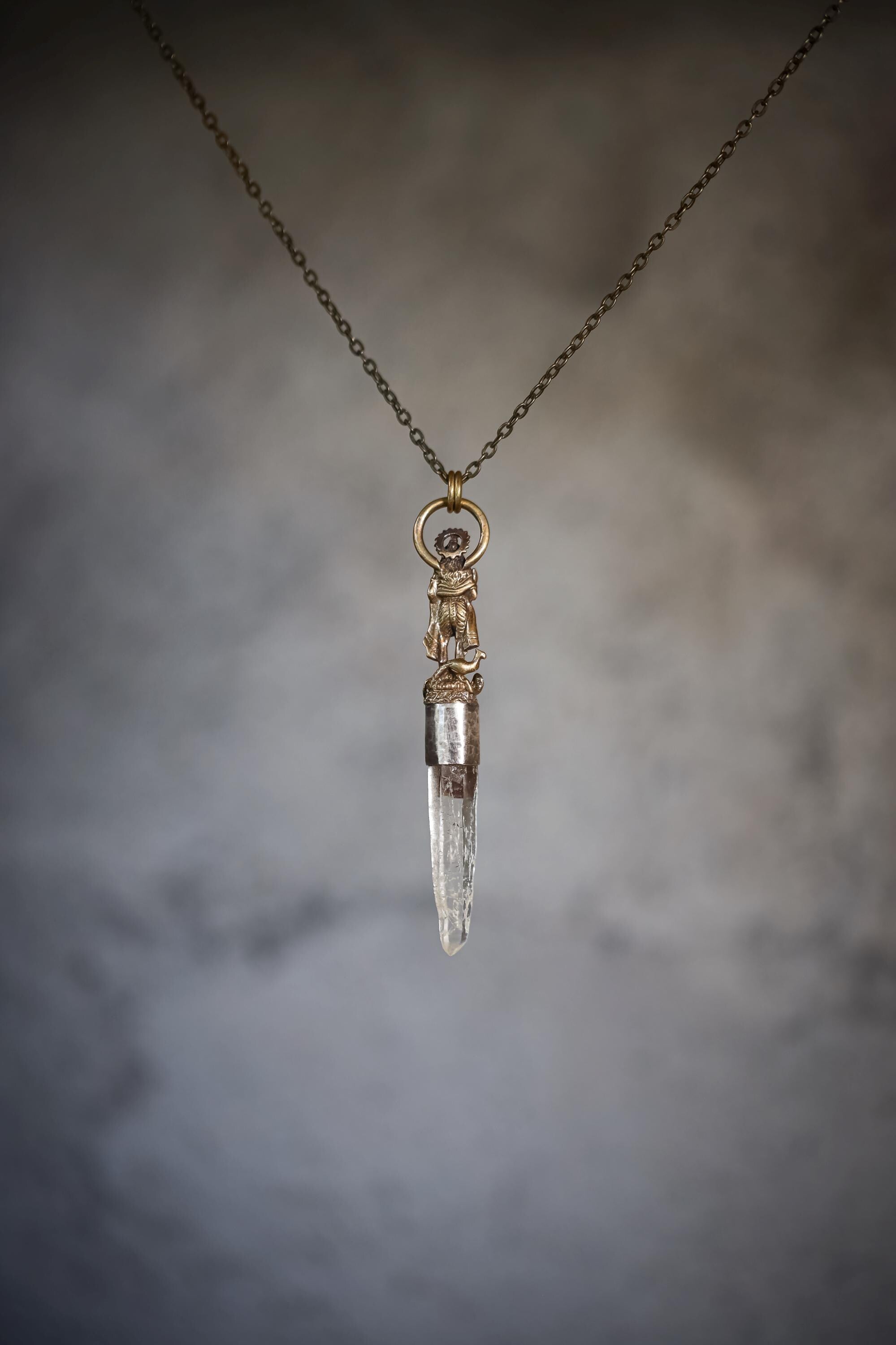 Saraswati Talisman Brass Cast Pendant, Himalayan Singing Lemurian Laser Point & Raw Gem Pink Tourmaline Rubellite Wand, 925 Silver Bezel