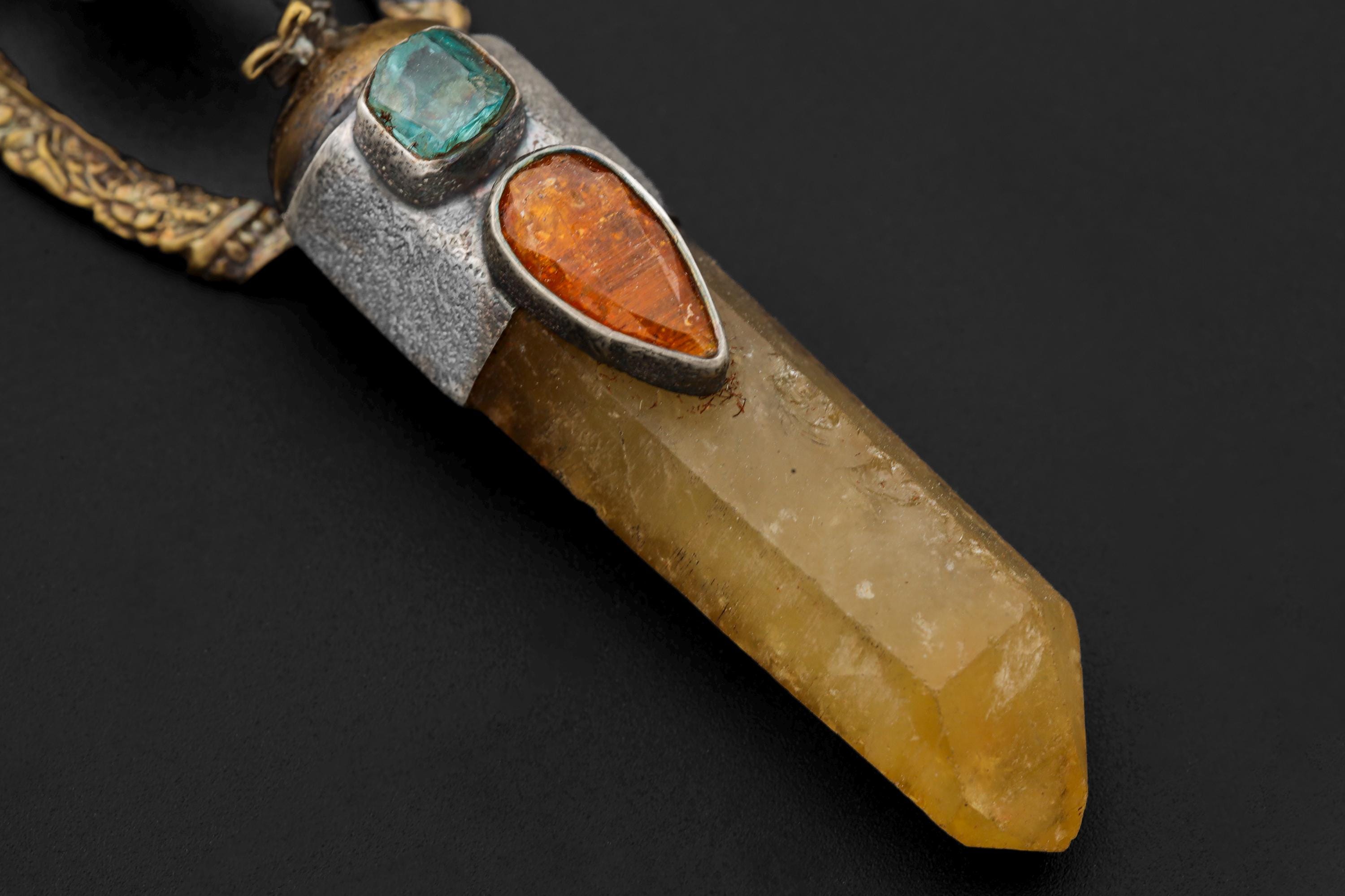 Ganesha Citrine Quartz Brass Cast Gold Plated Talisman Pendant, Silver Bezel, Raw Gem Apatite, Faceted Orange Gem Kyanite, Oxidized,Textured