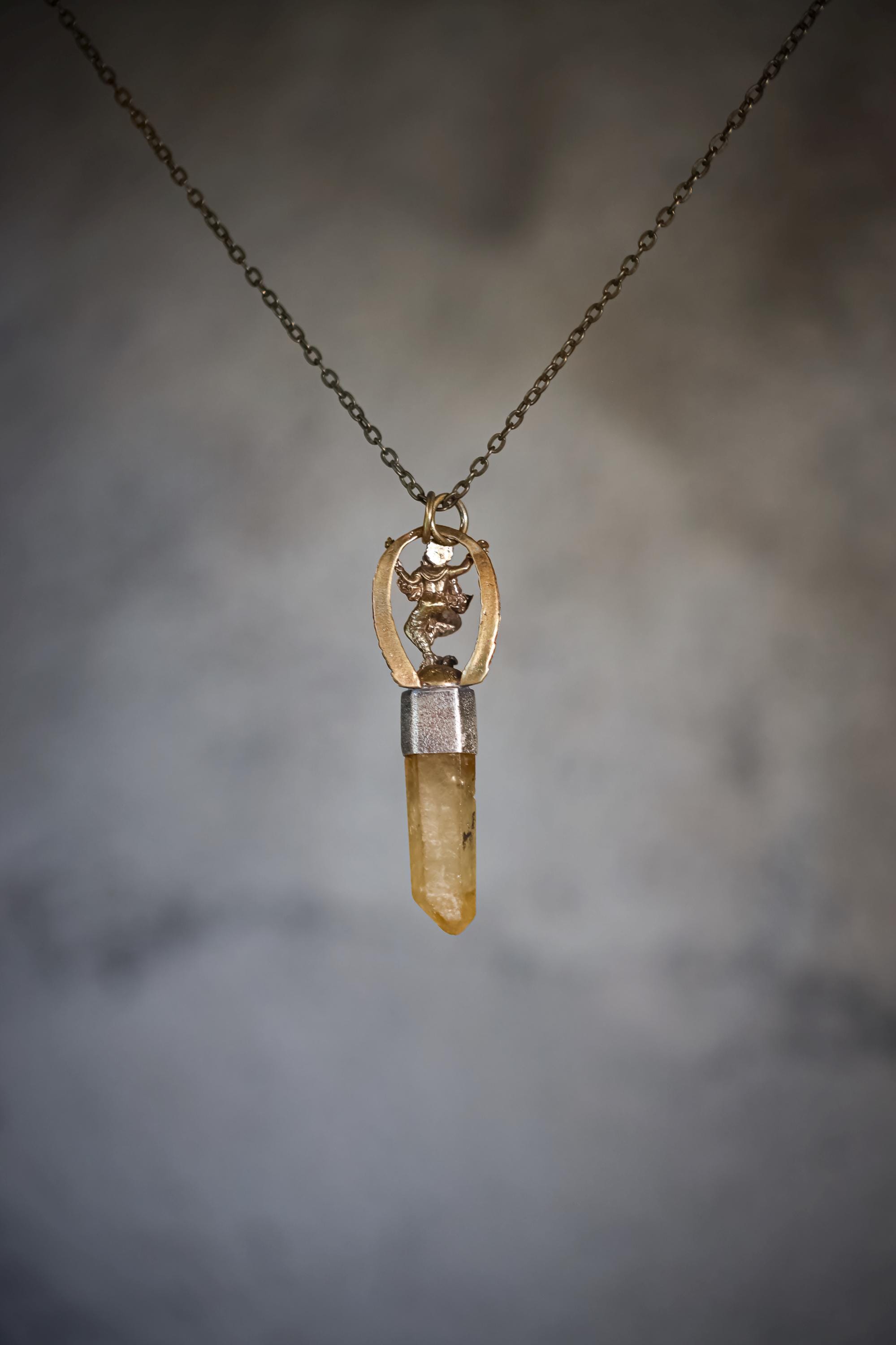 Ganesha Citrine Quartz Brass Cast Gold Plated Talisman Pendant, Silver Bezel, Raw Gem Apatite, Faceted Orange Gem Kyanite, Oxidized,Textured