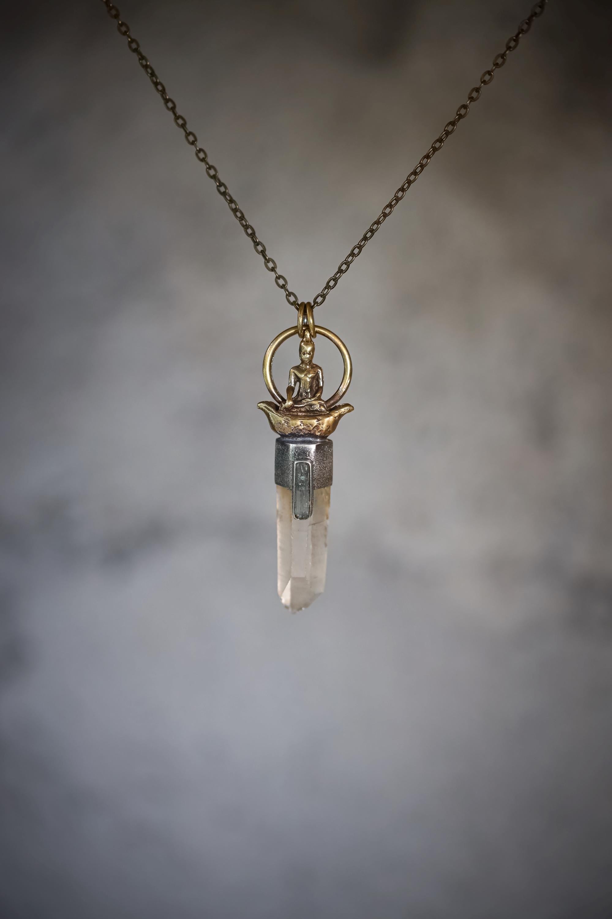 Buddha Talisman Brass Cast Pendant, Silver Bezel with Australian Lemurian Window Quartz, Raw Australian Aquamarine, Sand Textured, Oxidized