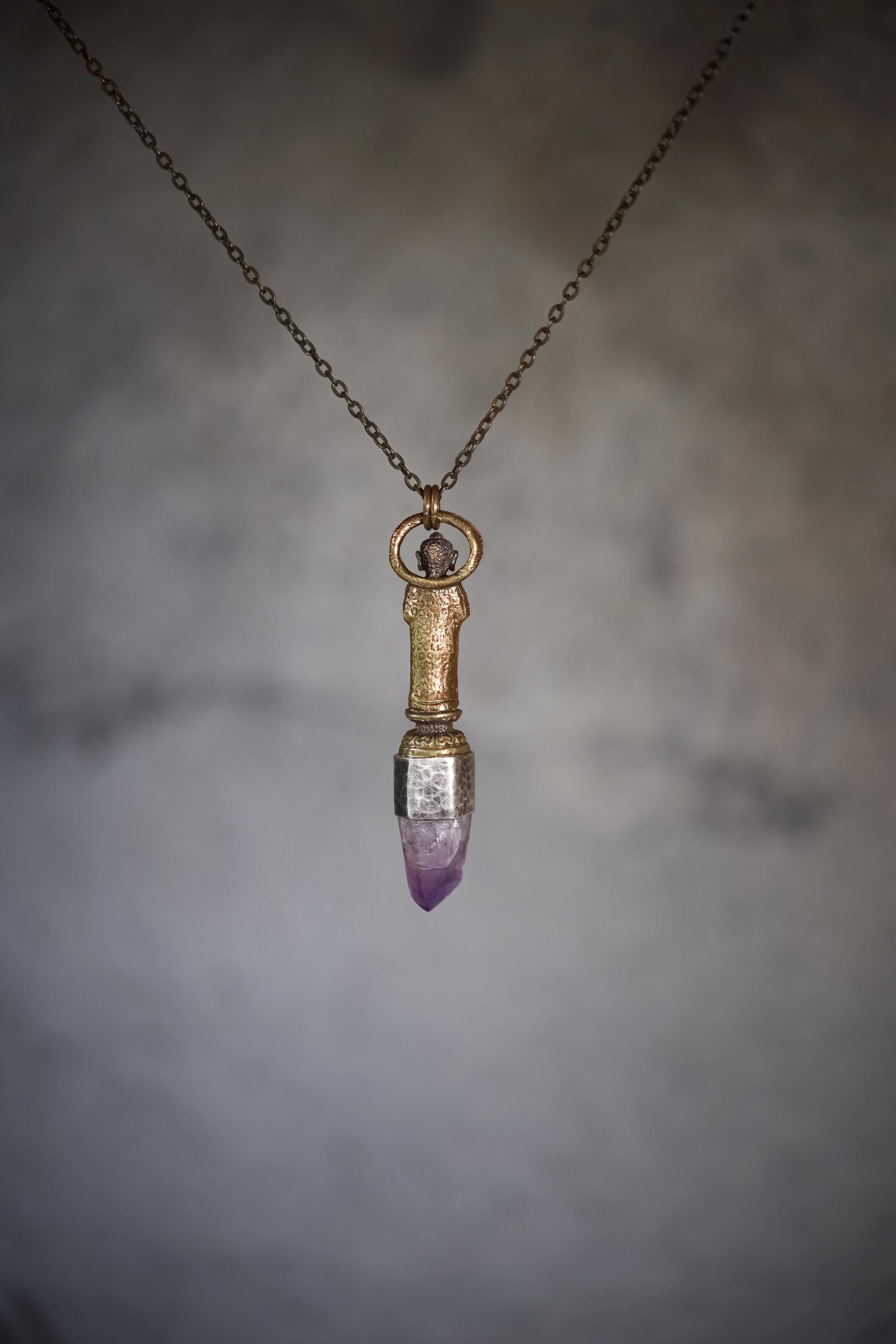 Buddha Talisman Brass Cast Pendant, Vera Cruz Amethyst Laser Point, High-Grade Australian Ocean Kyanite, 925 Silver Bezel, Oxidised,Textured