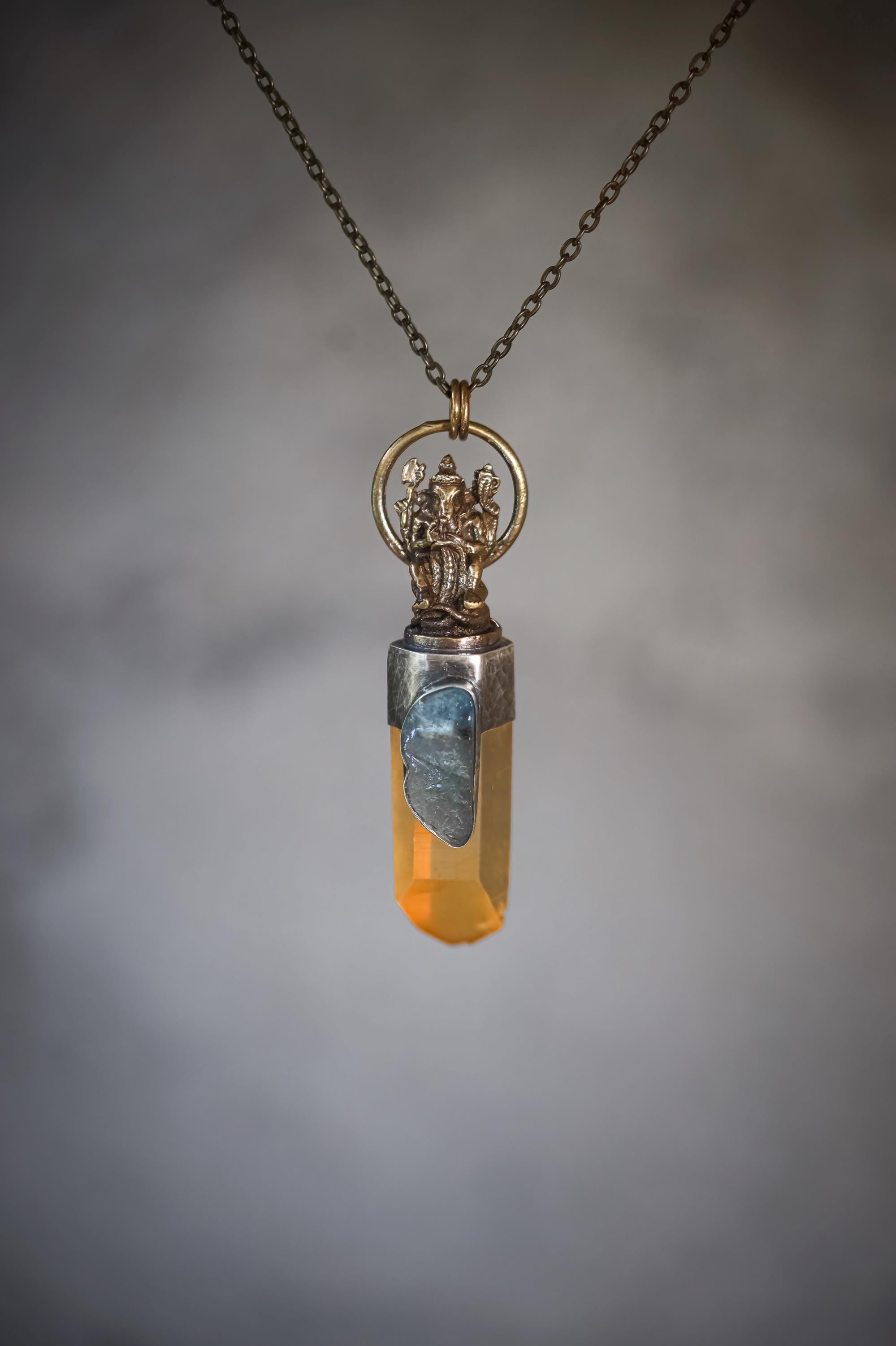 Lemurian Quartz Pendant Ganesha Brass 925 Silver Aquamarine Cabochon Oxidized Hammered Spiritual Jewelry