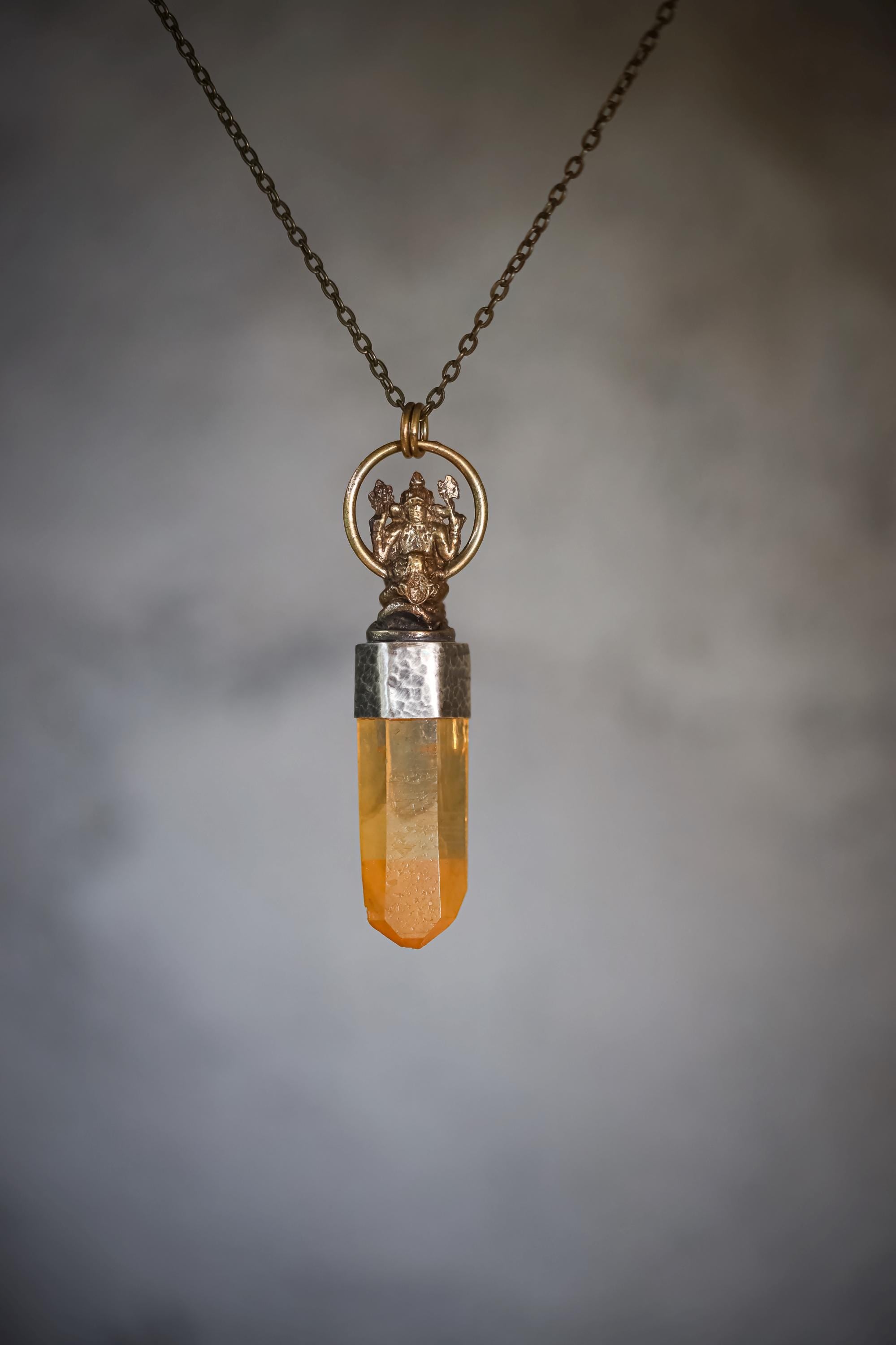 Lemurian Quartz Pendant Ganesha Brass 925 Silver Aquamarine Cabochon Oxidized Hammered Spiritual Jewelry