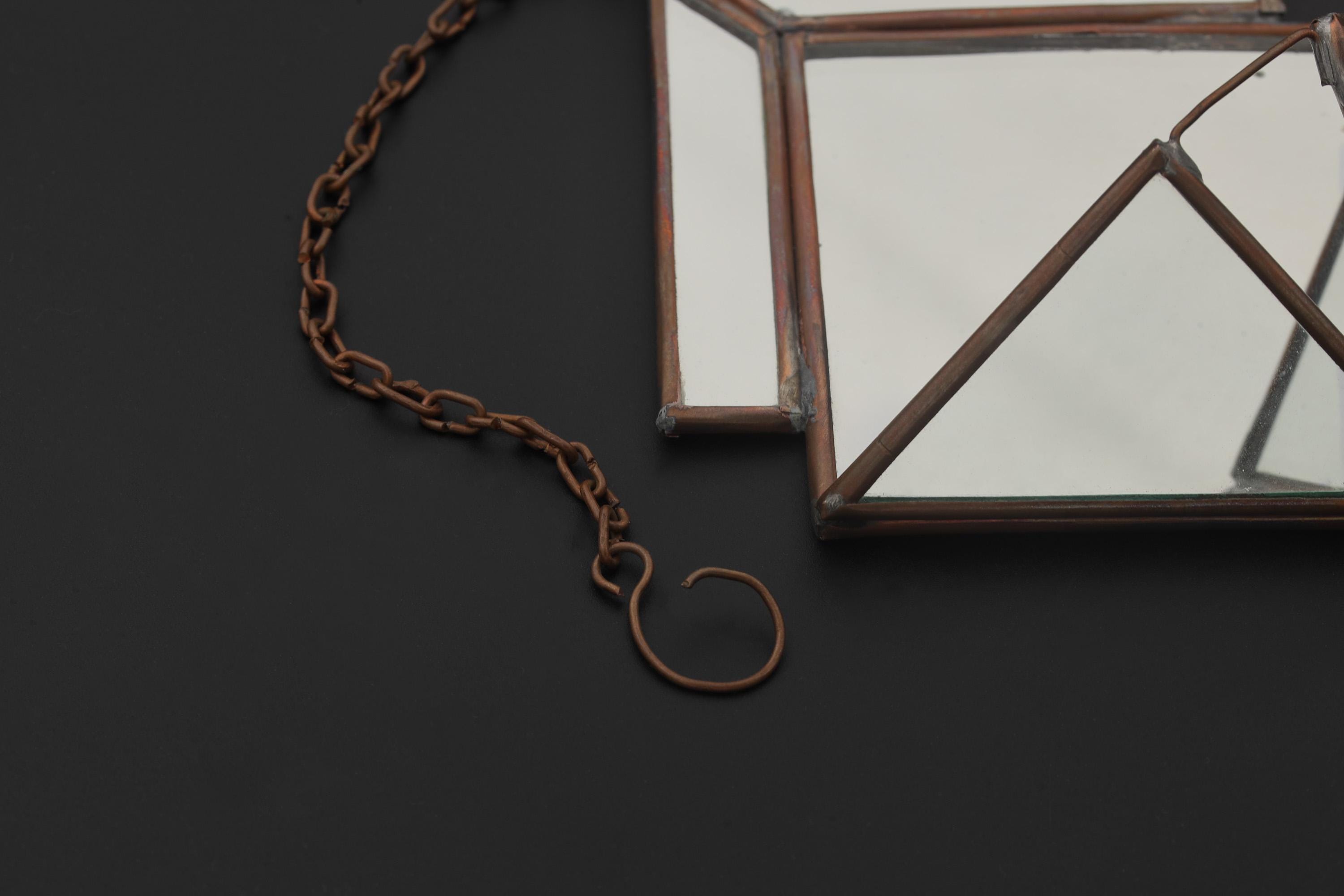 Quartz Hanging Decoration – Geometric Mirror & Copper Ornament, Raw Crystal Point, Sacred Home Decor