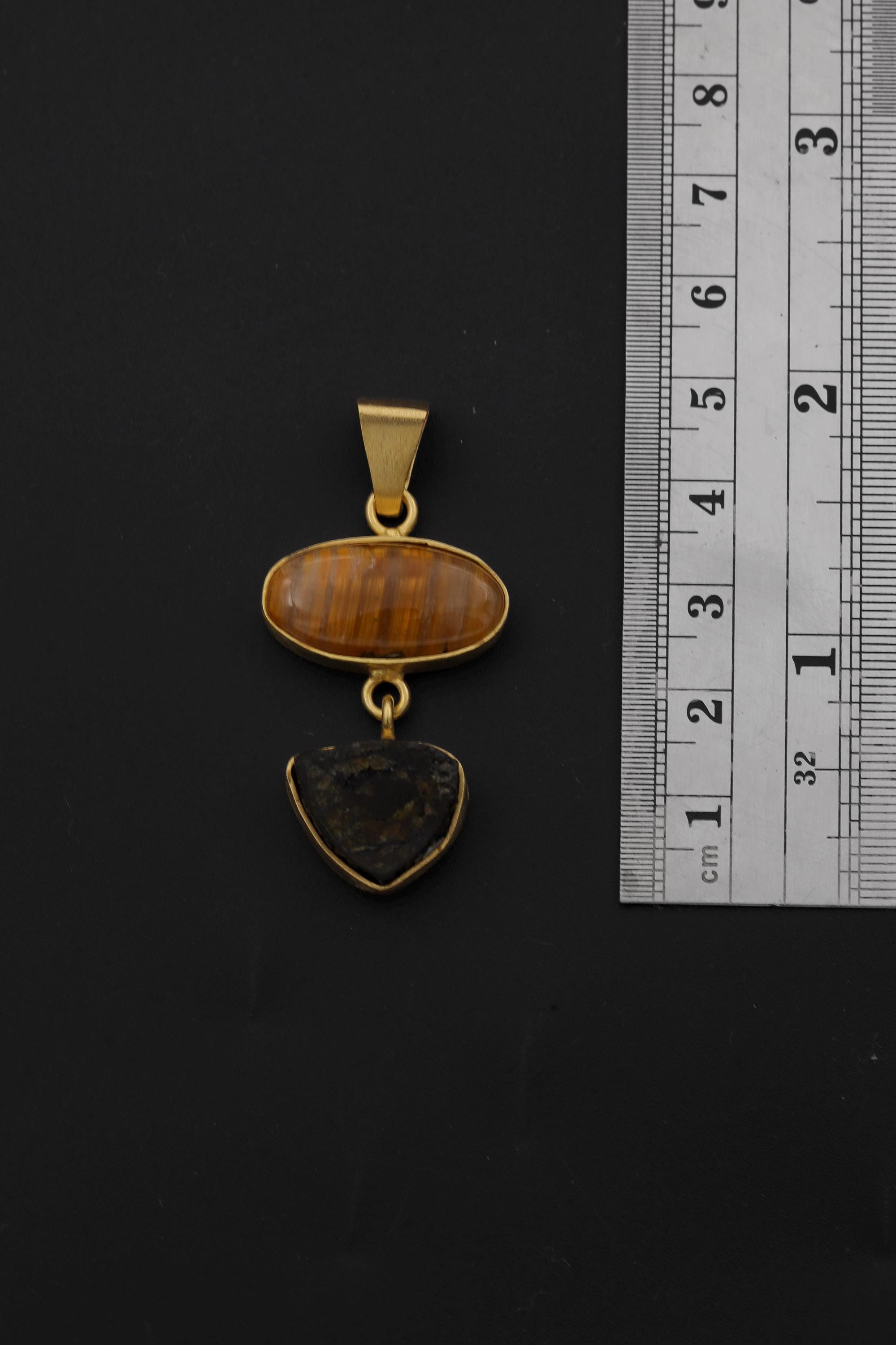 Golden Rutile & Dravite Brown Tourmaline Pendant, 18K Gold Plated 925 Silver, Brushed Textured Talisman, Chakra Energy, Handmade Jewelry