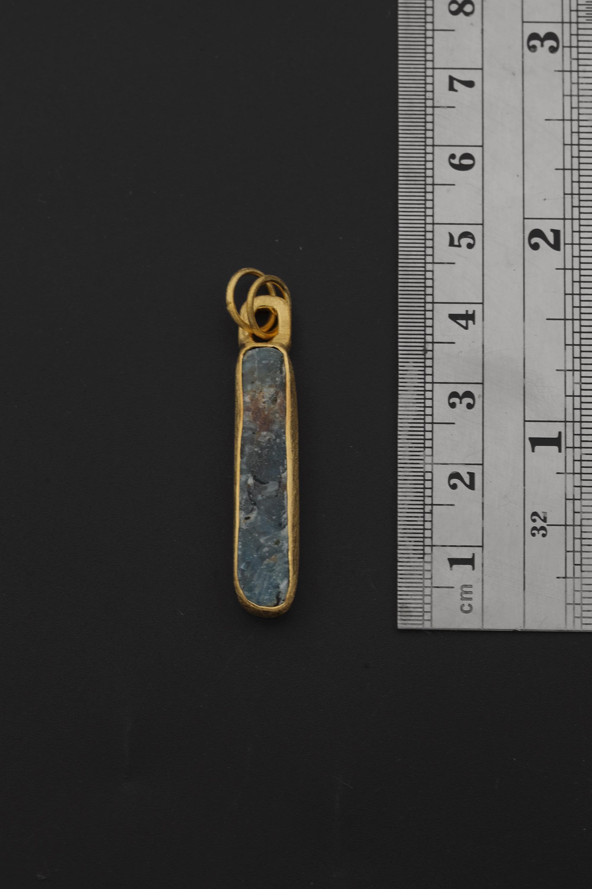 Australian Ocean Kyanite Pendant, 925 Silver, 18K Gold Plated, Raw Long Bar Necklace, Sand Textured Finish, Pisces Healing Jewelry