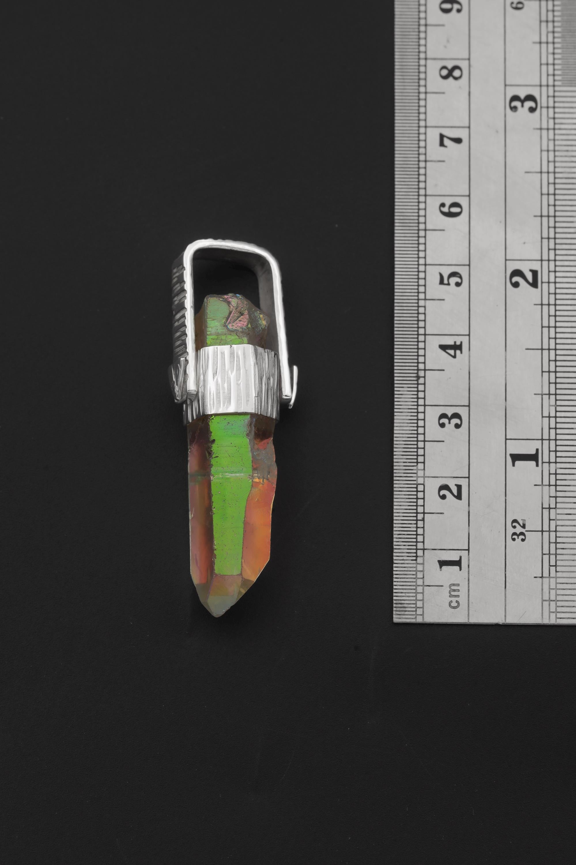 Lemurian Aura Quartz Point Pendant, Hammered Sterling Silver Talisman