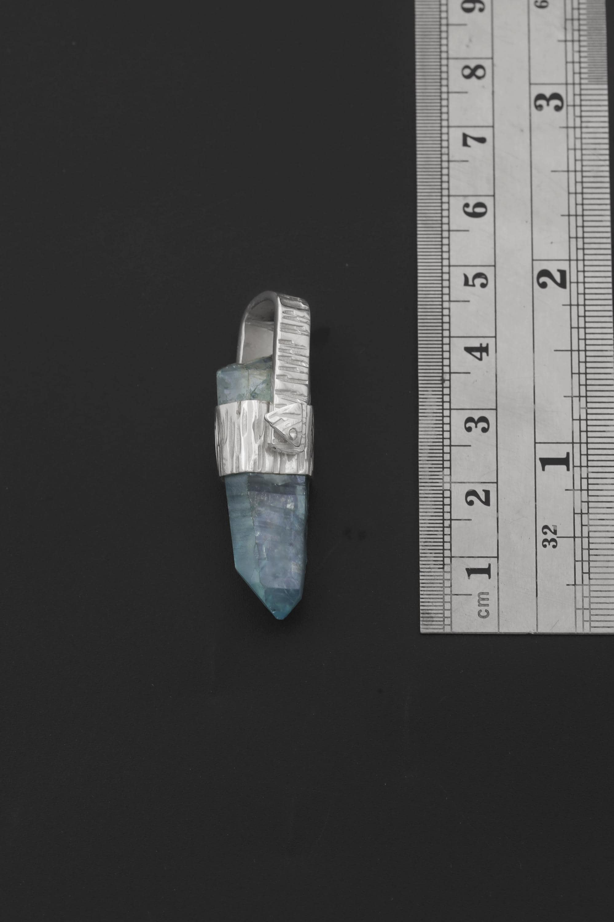Tabular Rainbow Inclusion Aqua Aura Quartz Point Pendant, 925 Silver, Textured Bark Finish, Chakra Jewelry, Healing Quartz Energy Gift