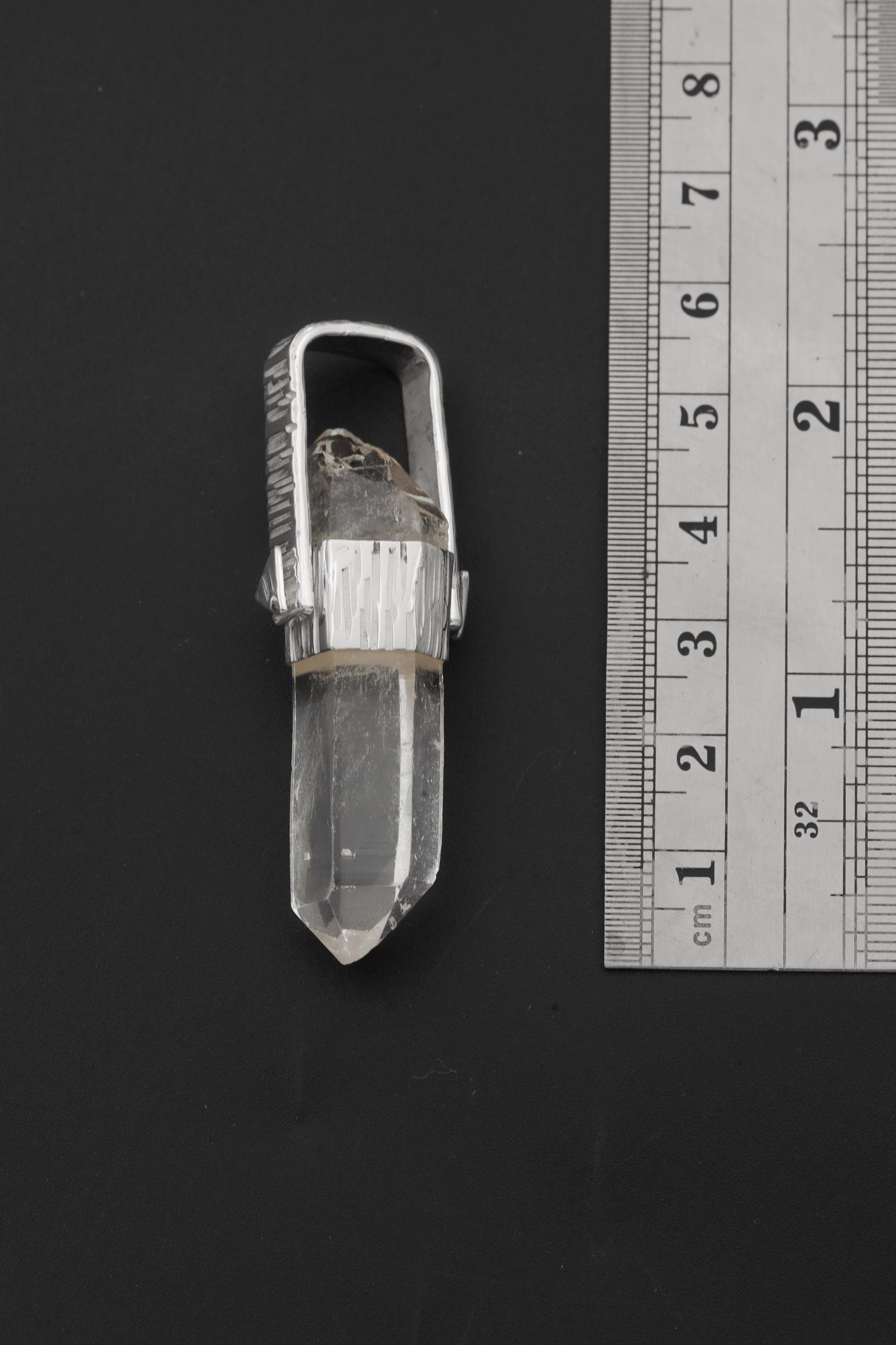 Himalayan Lemurian Rainbow Inclusion Clear Quartz Point Pendant, 925 Silver, High Shine, Hammered Texture, Meditation Crystal Talisman