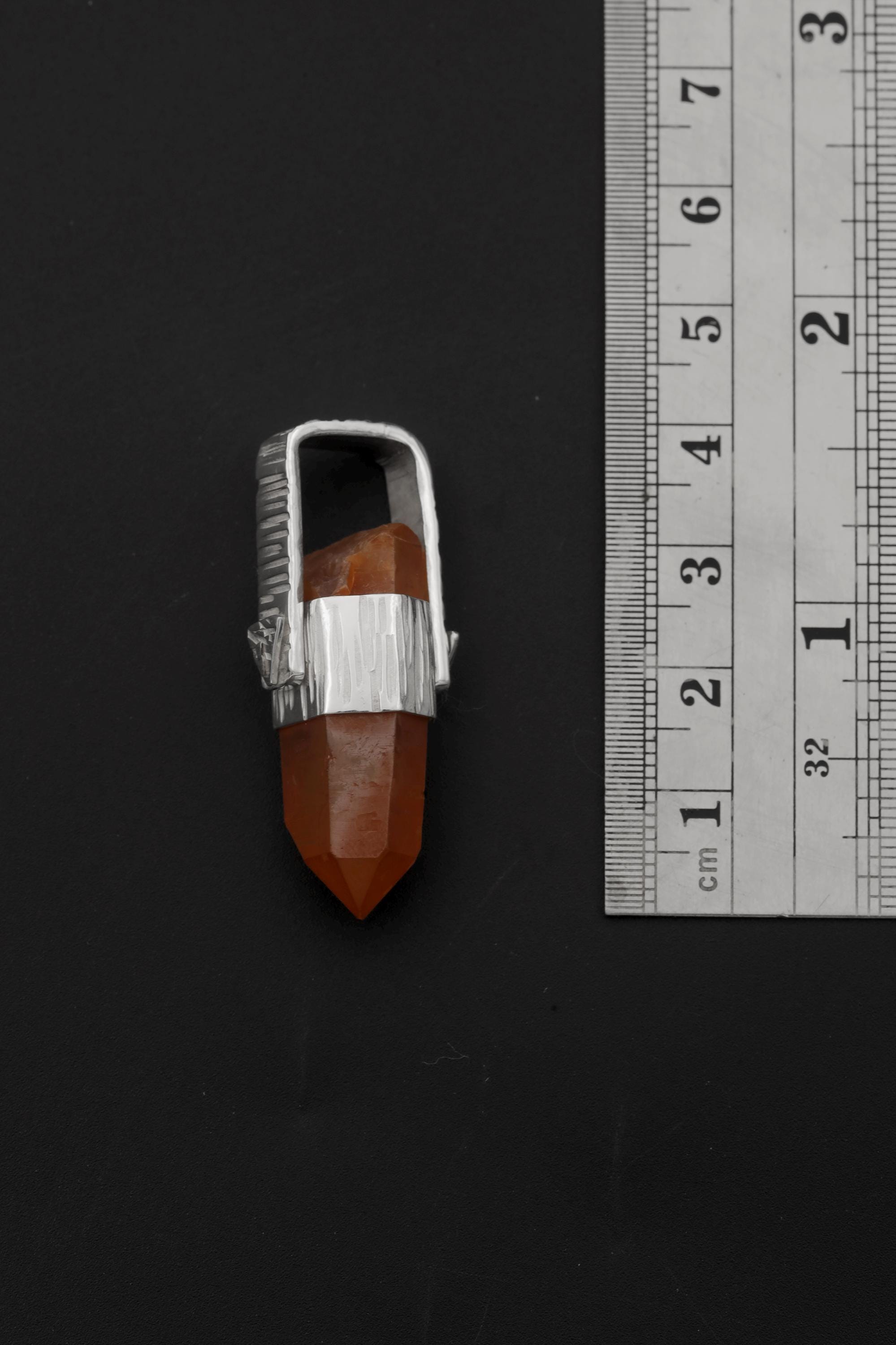 Australian Orange Lithium Lemurian Quartz Point Pendant, 925 Silver, Hammered Texture, High Shine, Root Chakra, Minimalist Unique Gift