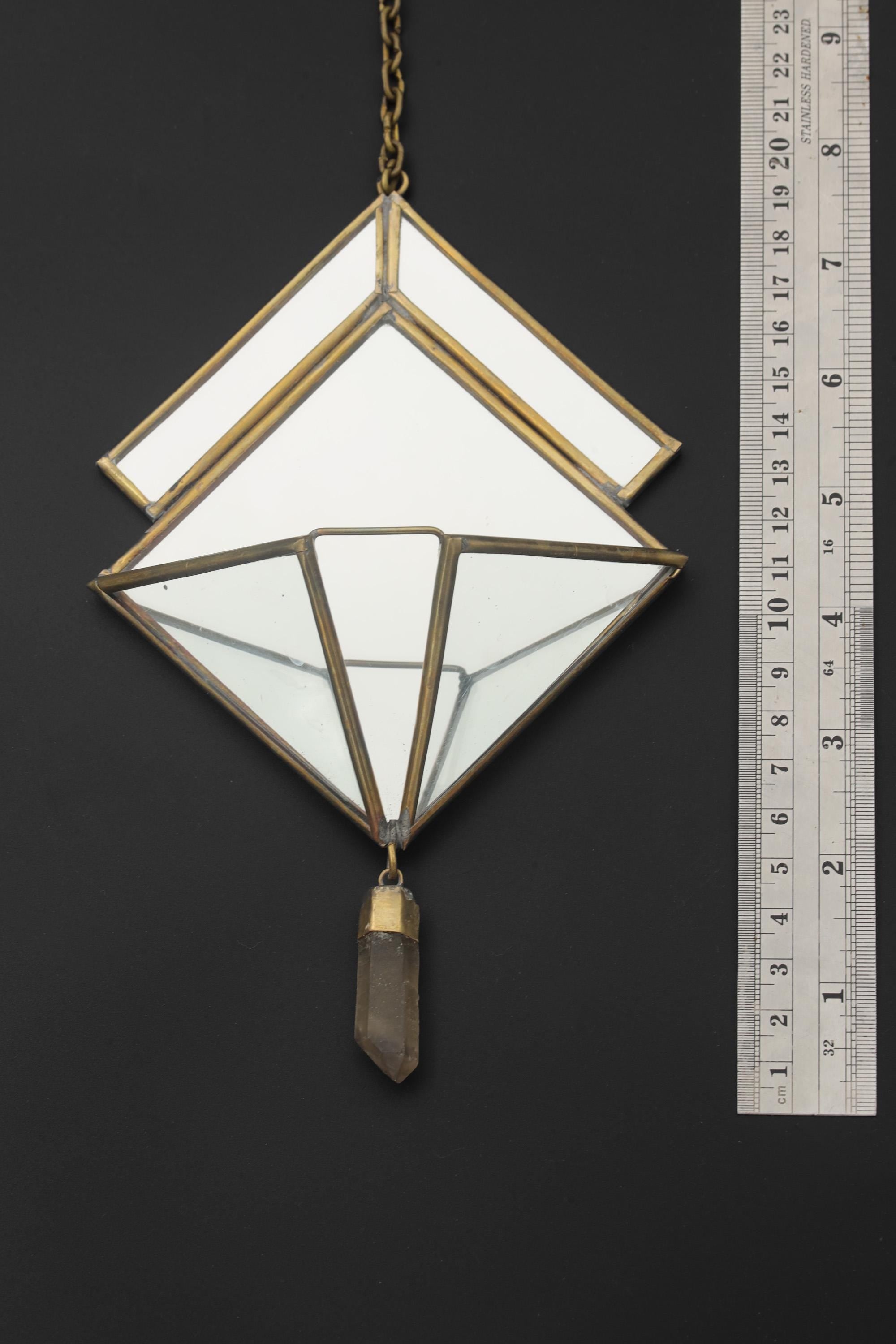 Quartz Reliquary Hanging Decoration, Geometric Mirror Brass Ornament, Raw Crystal Point, Sacred Home Decor, Boho Wall Hanging