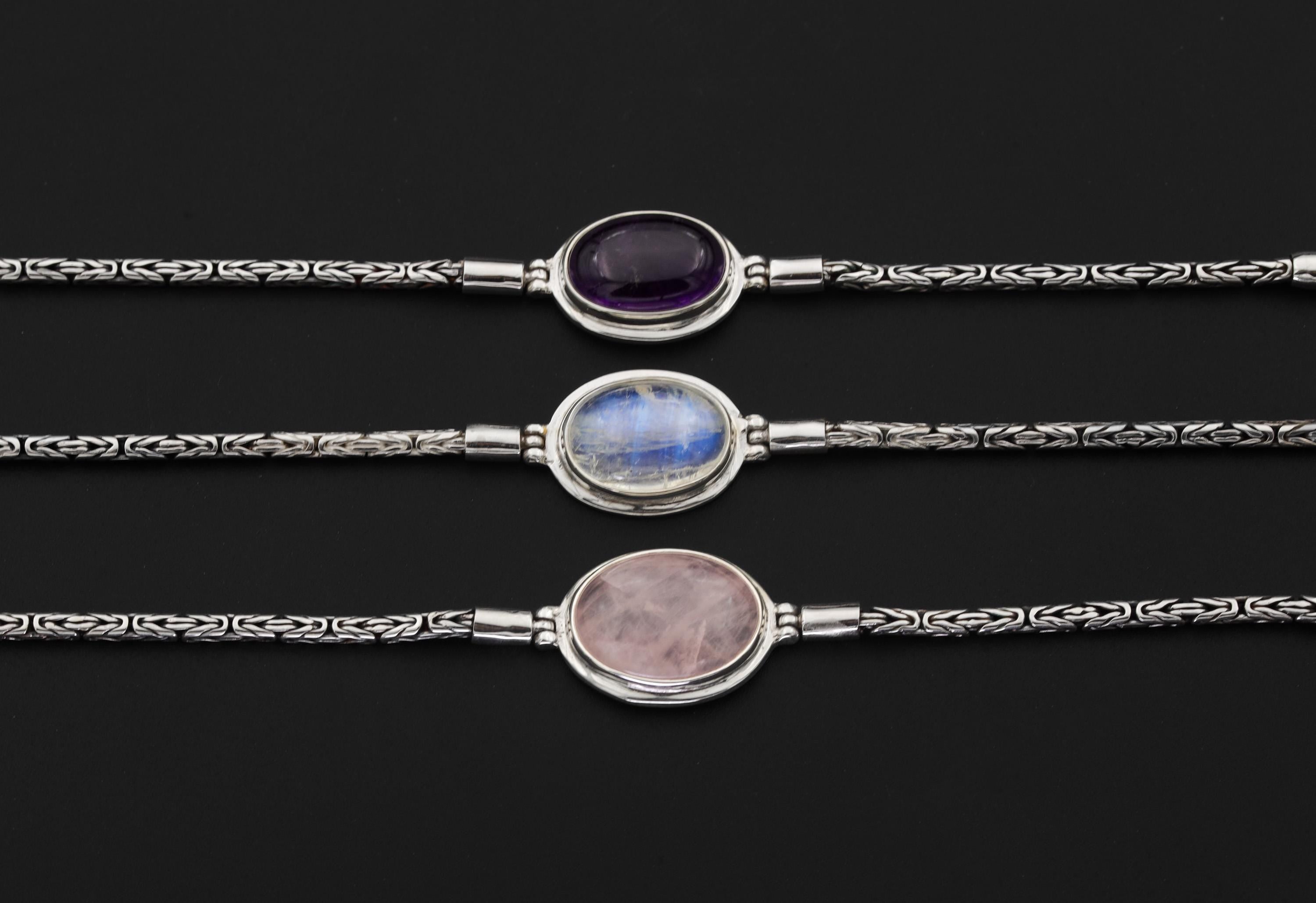 AAA Grade Rose Quartz Cabochon Bracelet, Sterling Silver Byzantine Chain, 18cm + 3cm Extension, Heart Chakra Jewelry, Handmade Gift