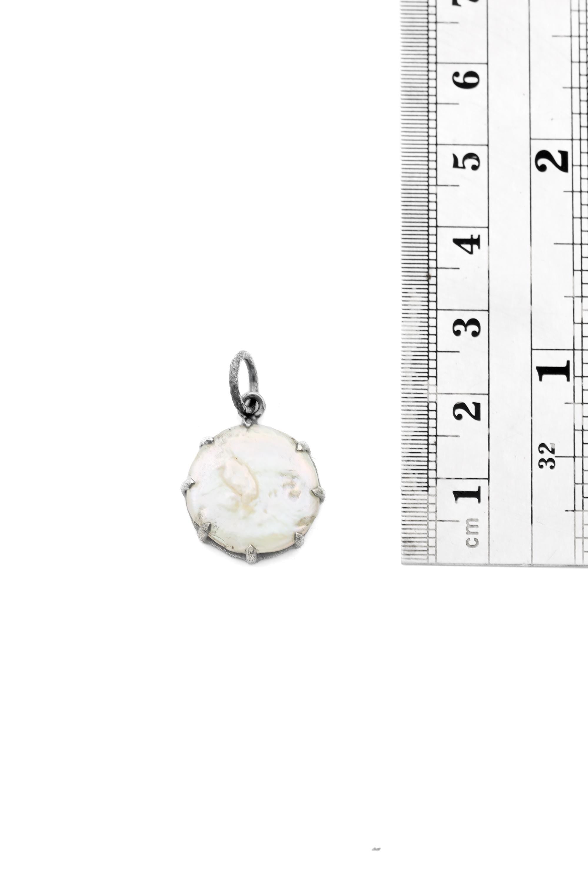 Round Pearl Disk Pendant, Natural Farmed Pearl, 925 Silver, Hammer Texture, Oxidized Finish, Moon Energy, June Birthstone Jewelry