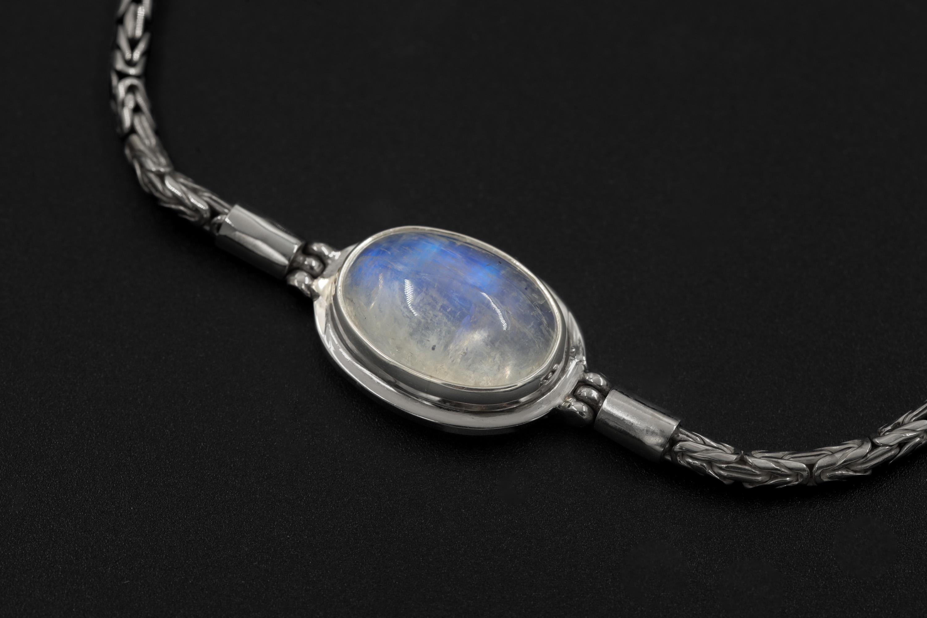 High Grade Blue Moonstone Bracelet Sterling Silver Byzantine Chain Oval Cabochon Third Eye Chakra Jewelry