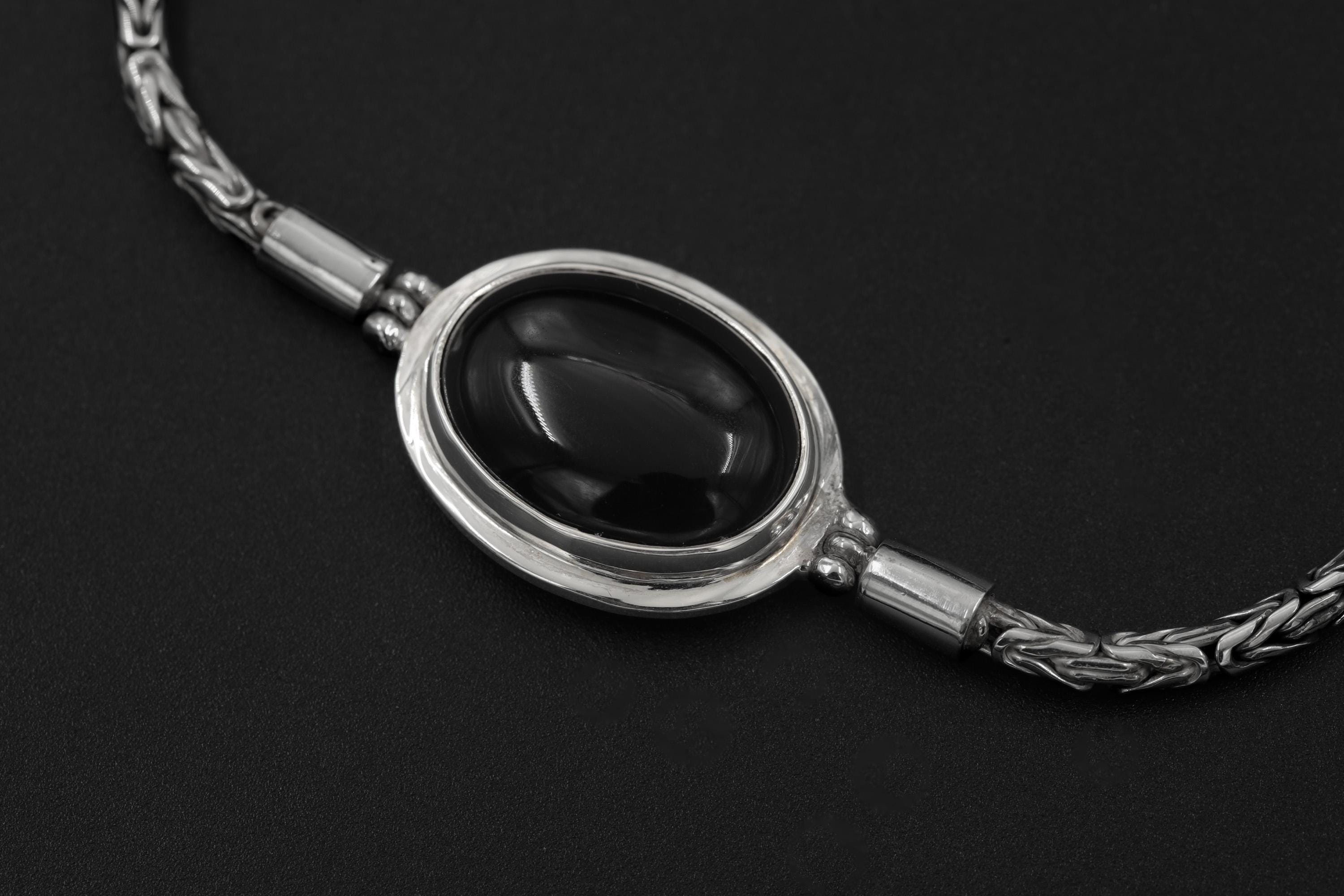 Black Onyx Cabochon Bracelet Sterling Silver, Byzantine Chain, 925 Silver, Oval Gemstone, Adjustable 18–21cm, Chakra Healing Jewelry Gift