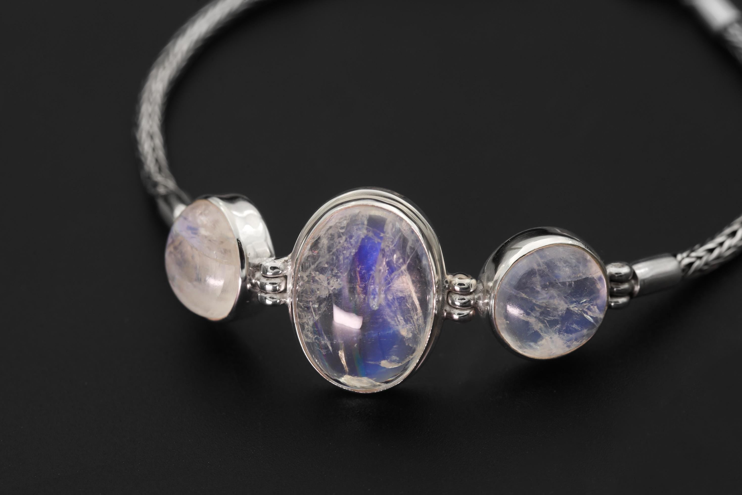 AAA Blue Moonstone Bracelet: 925 Sterling Silver Snake Chain, Adjustable