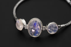 AAA Blue Moonstone Bracelet: 925 Sterling Silver Snake Chain, Adjustable