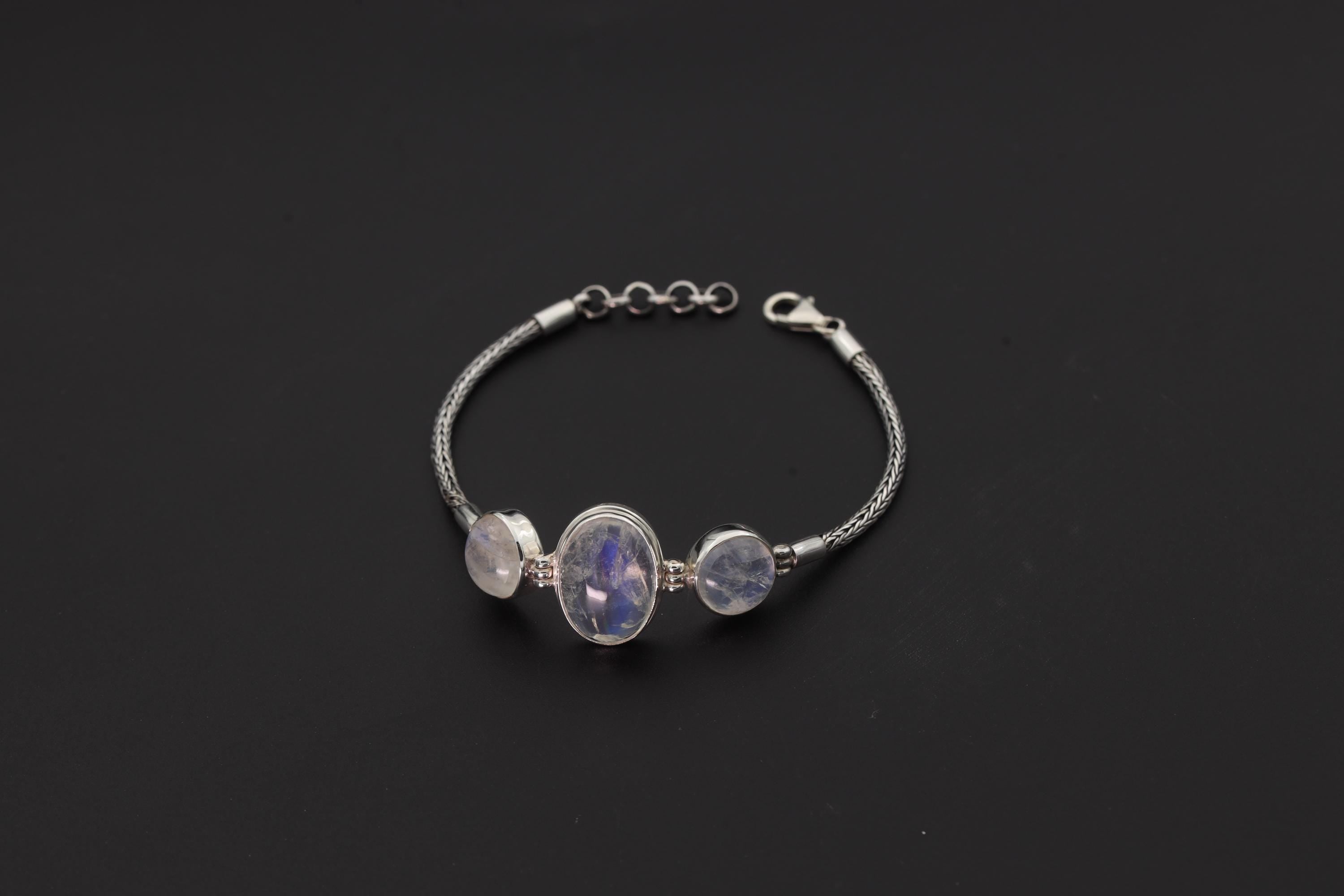 AAA Blue Moonstone Bracelet: 925 Sterling Silver Snake Chain, Adjustable
