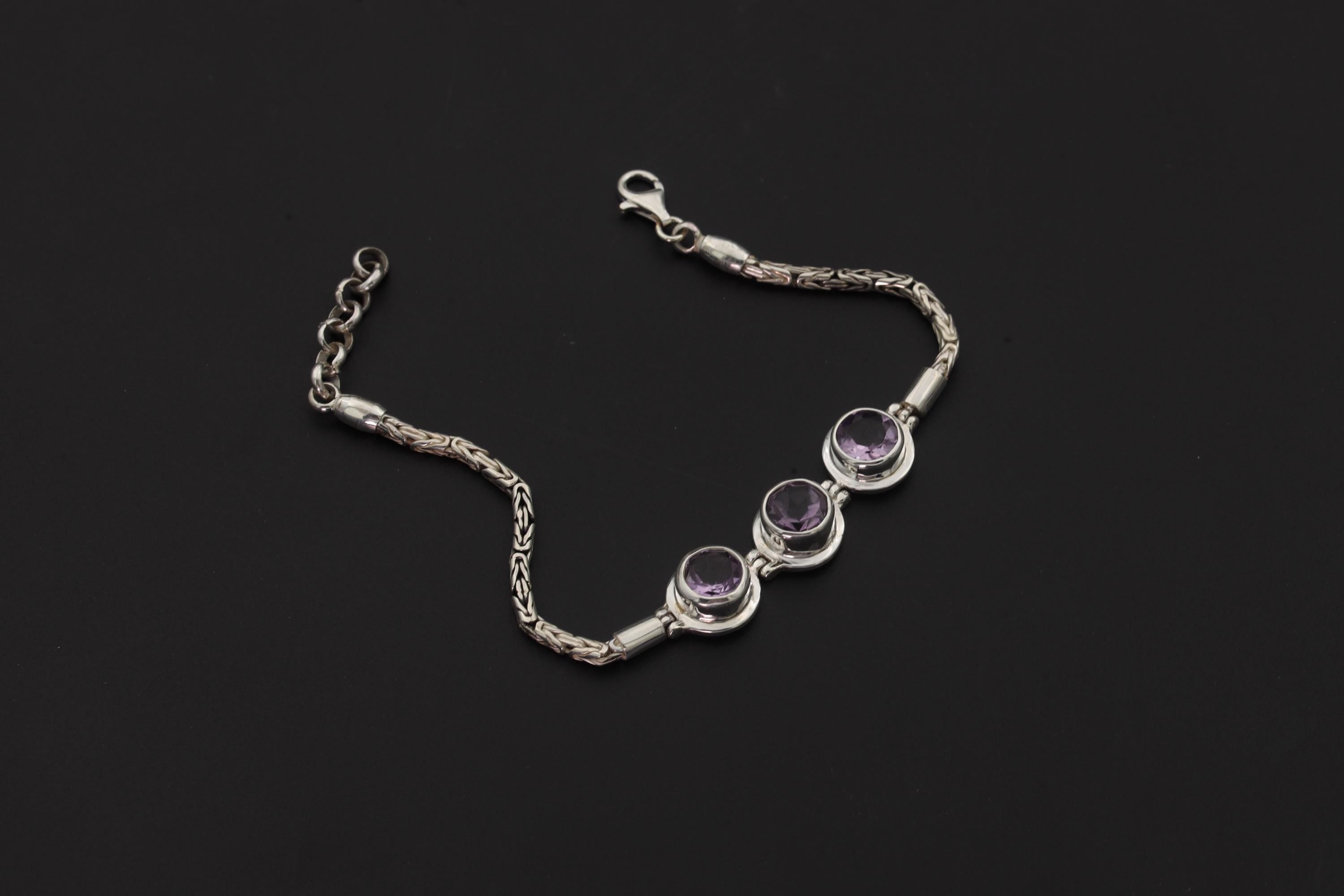 Amethyst Bracelet 925 Sterling Silver Byzantine Chain AAA Faceted Oval Gemstones Crown Chakra Aquarius Pisces Gift