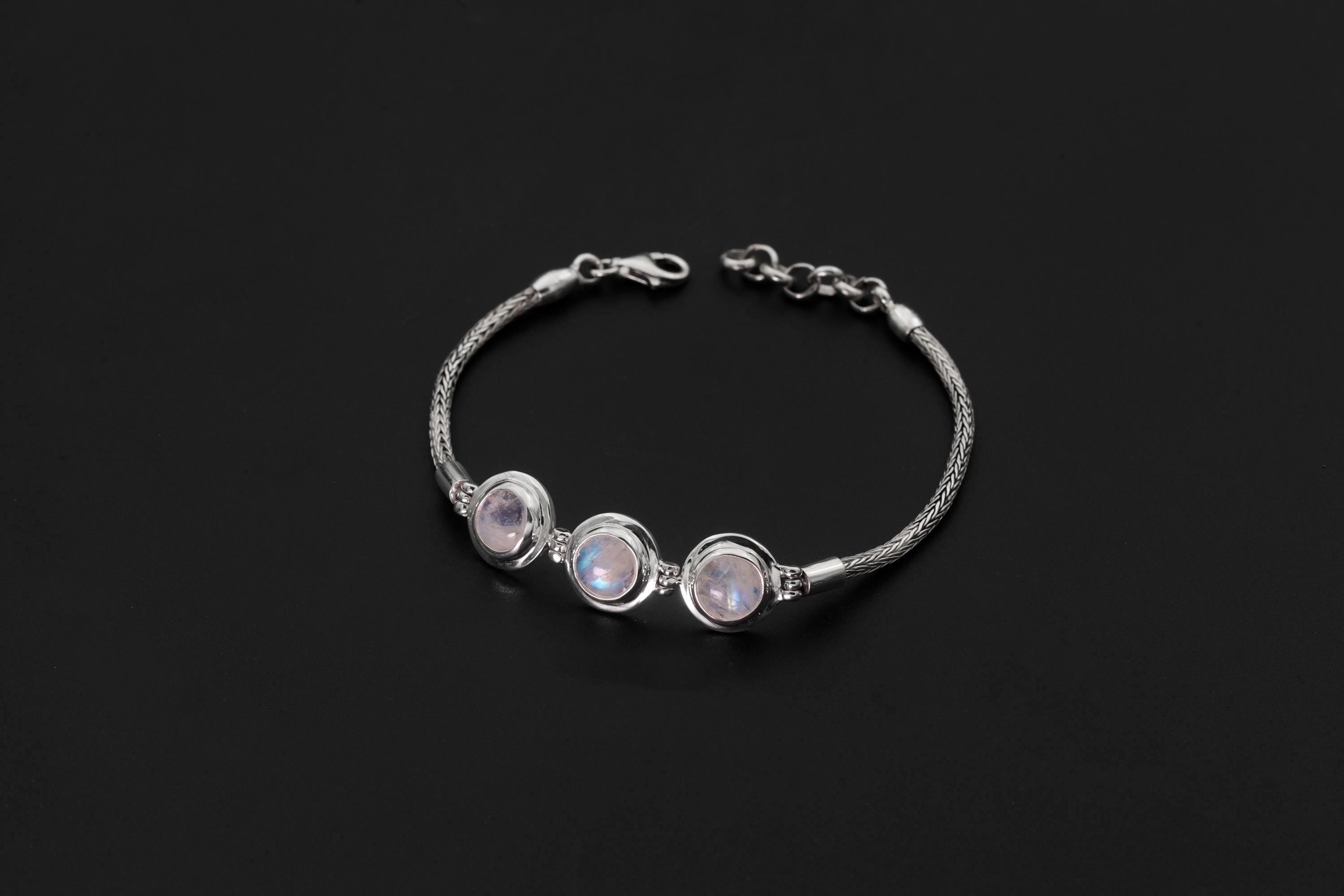 High Grade Blue Moonstone Bracelet Sterling Silver, 3 Stone Snake Chain, 925 Silver, Adjustable, Chakra Healing Crystal Gift