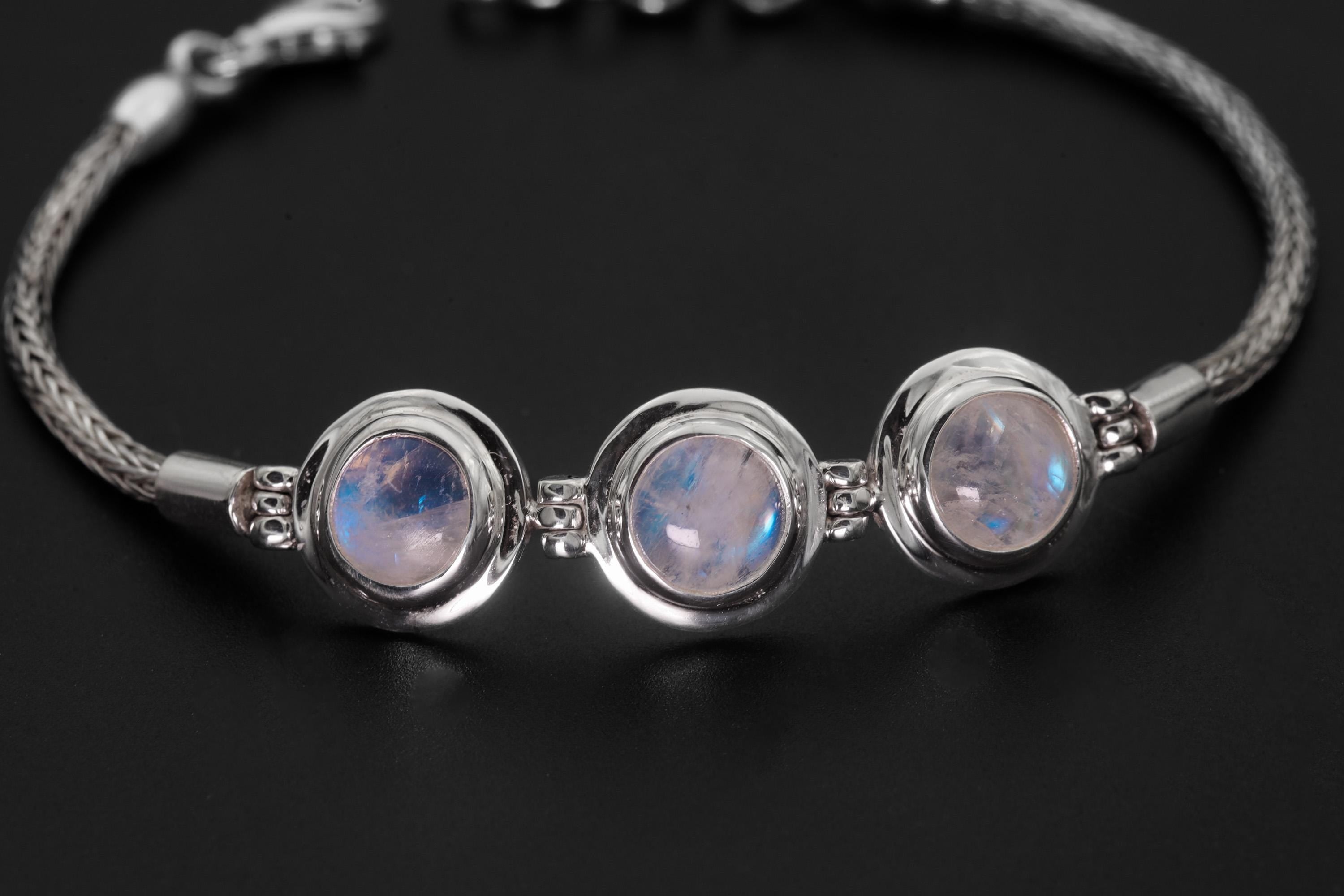 Blue Moonstone Bracelet 925 Sterling Silver Snake Chain Triple Cabochon Adjustable 18-21cm Cancer Chakra Gift