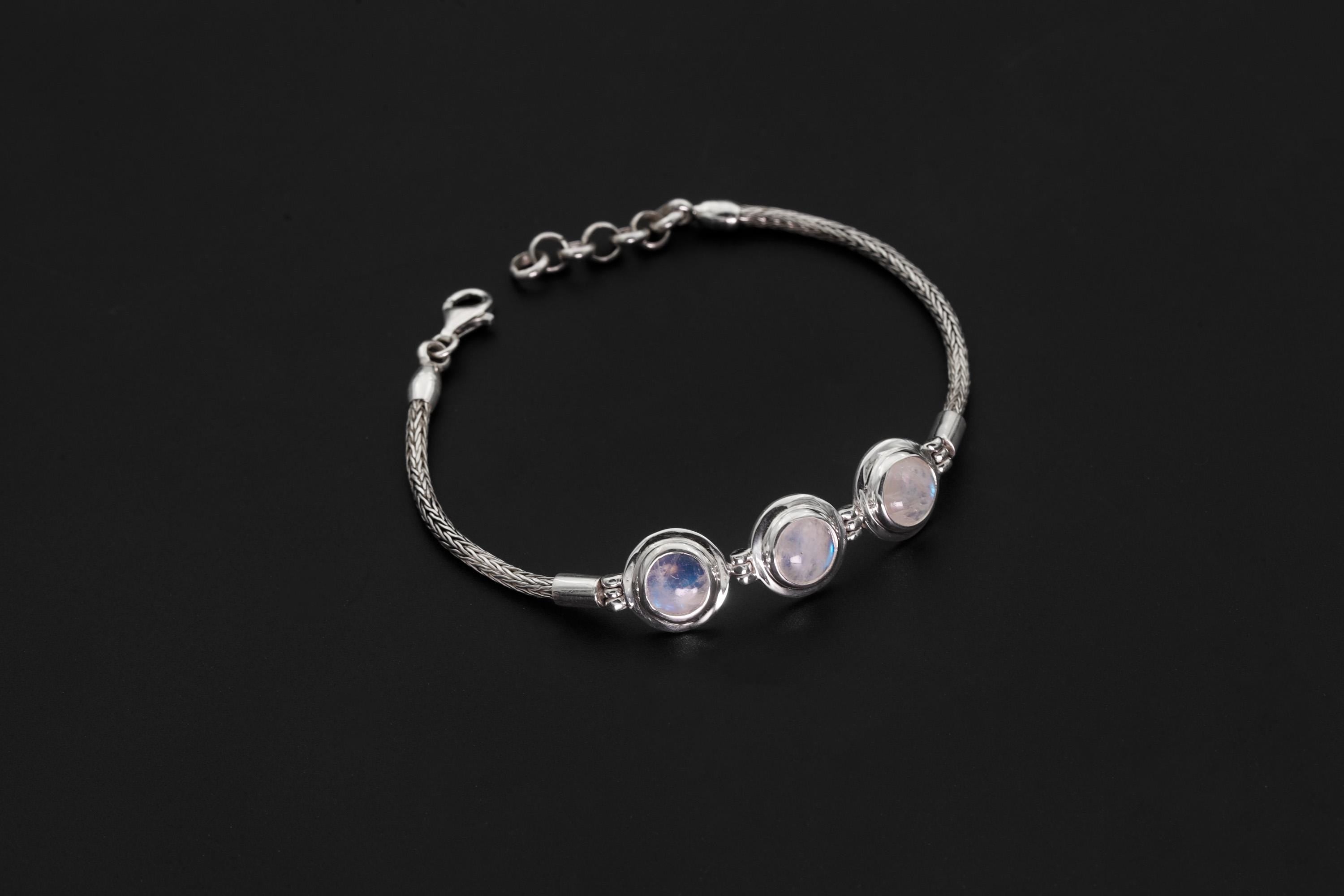 High Grade Blue Moonstone Bracelet Sterling Silver, 3 Stone Snake Chain, 925 Silver, Adjustable, Chakra Healing Crystal Gift