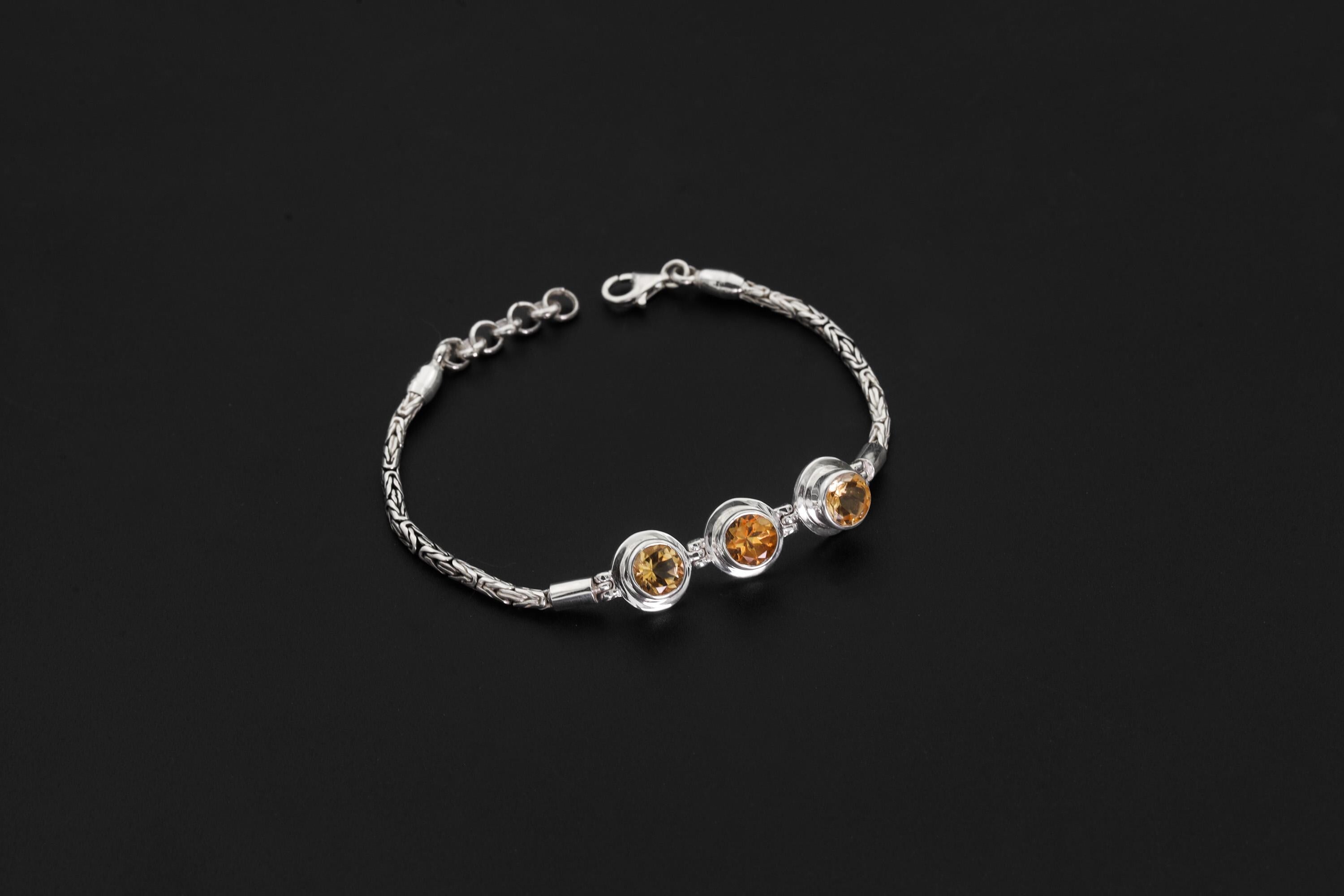 Faceted Citrine Sterling Silver Bracelet, Byzantine Chain, Adjustable