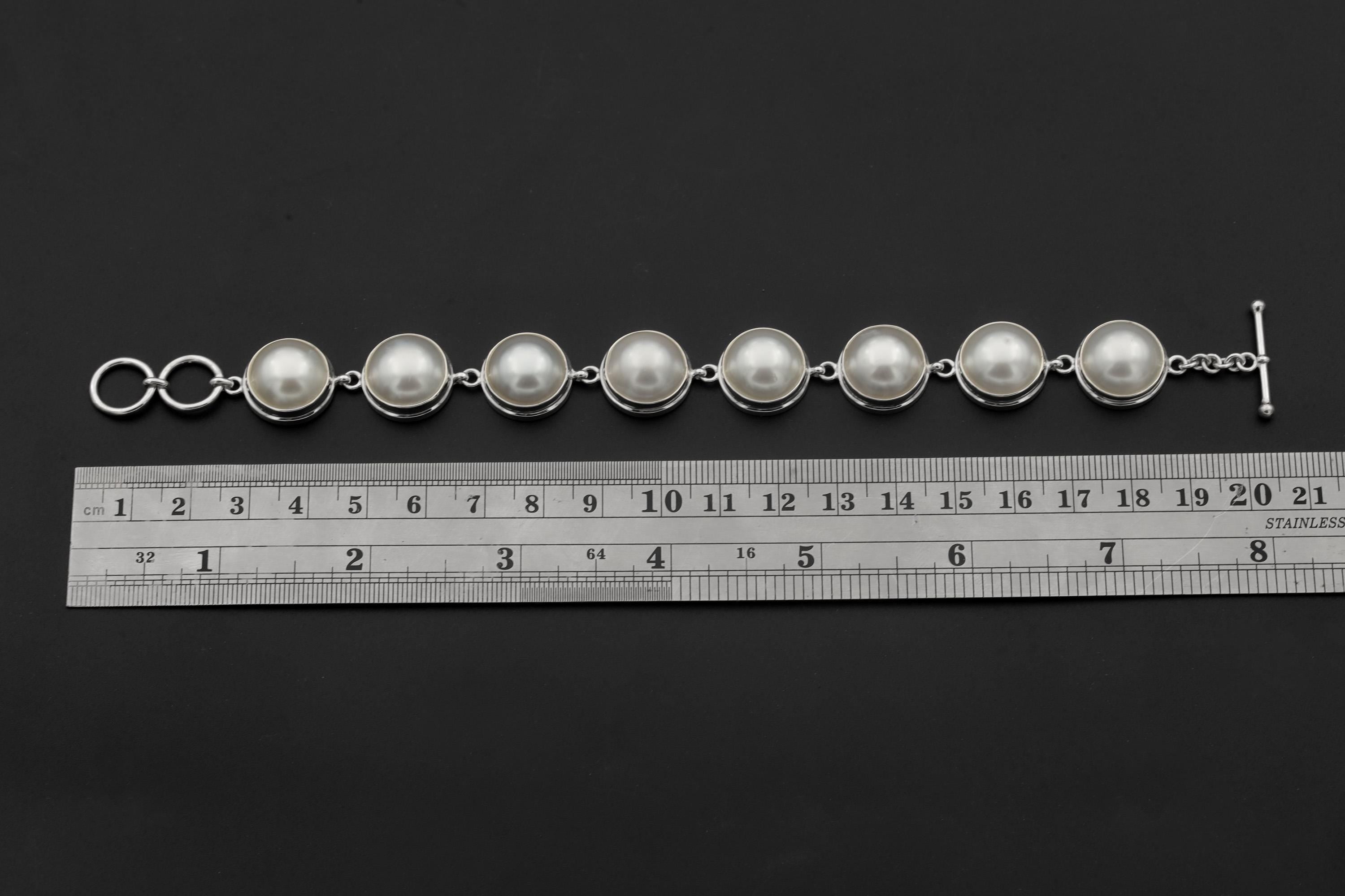 Mabe Pearls Bracelet, Sterling Silver 925, 7 Large Luminous Perfect White Pearls Adjustable Clasp Chain Ocean Energy Heart Healing Gift