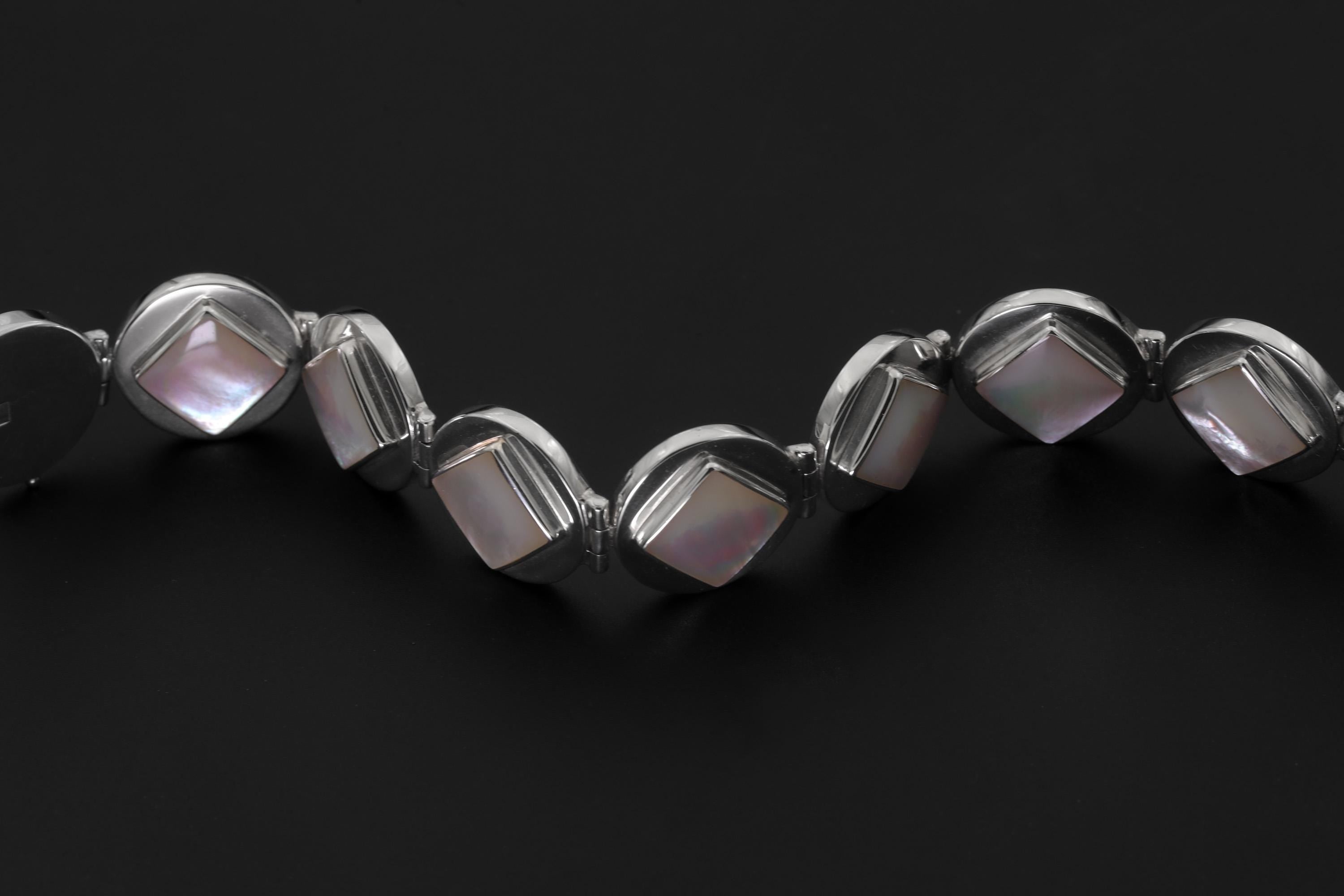 Mother of Pearl Bracelet Geometric 925 Sterling Silver, Ocean Energy Jewelry, Heart Chakra Healing Gift, Handmade Crystal Bracelet