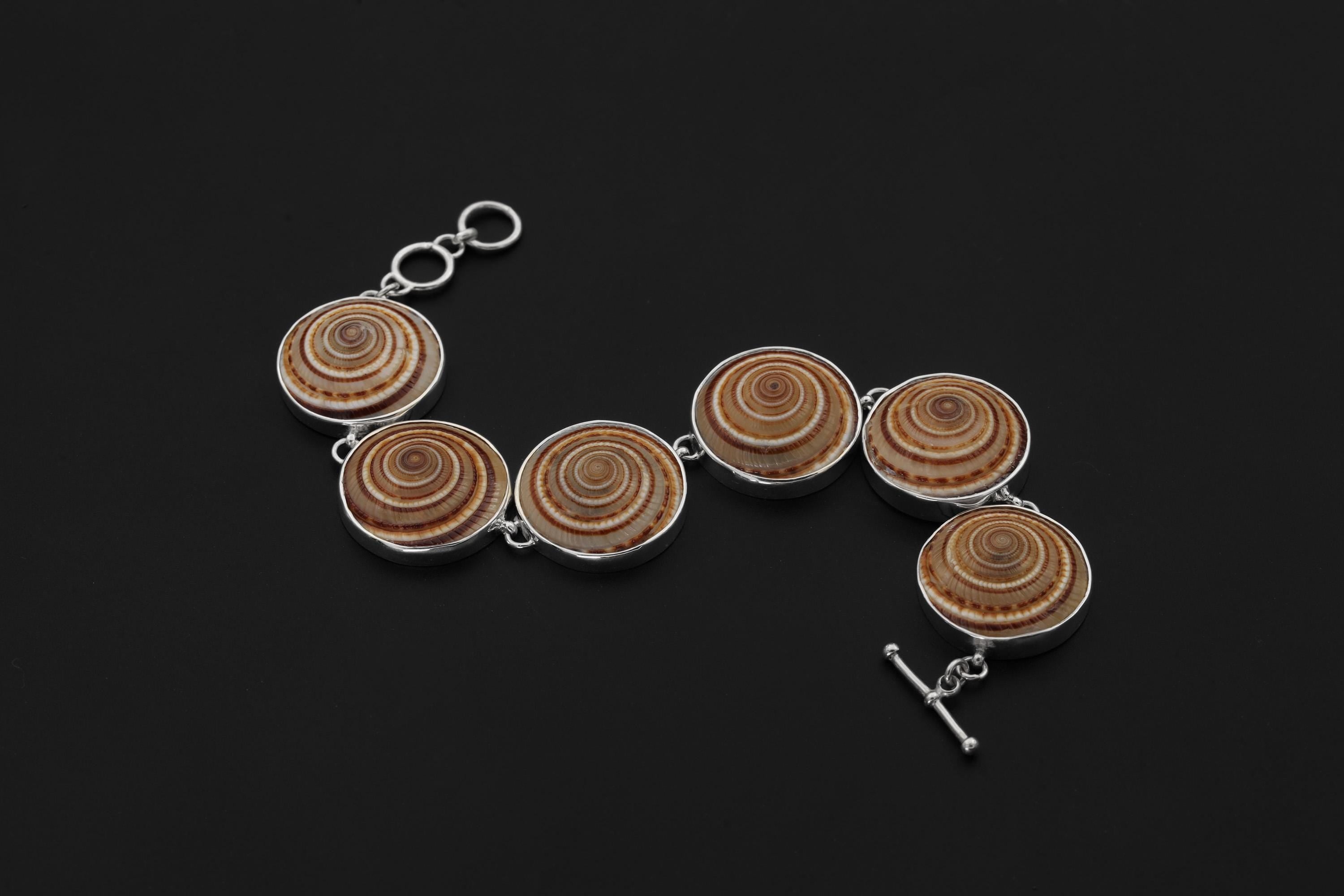Shell Cabochon Bracelet 925 Silver Spiral Fossil Look Ocean Jewelry Beige Caramel Toggle Clasp Handmade Coastal Gift