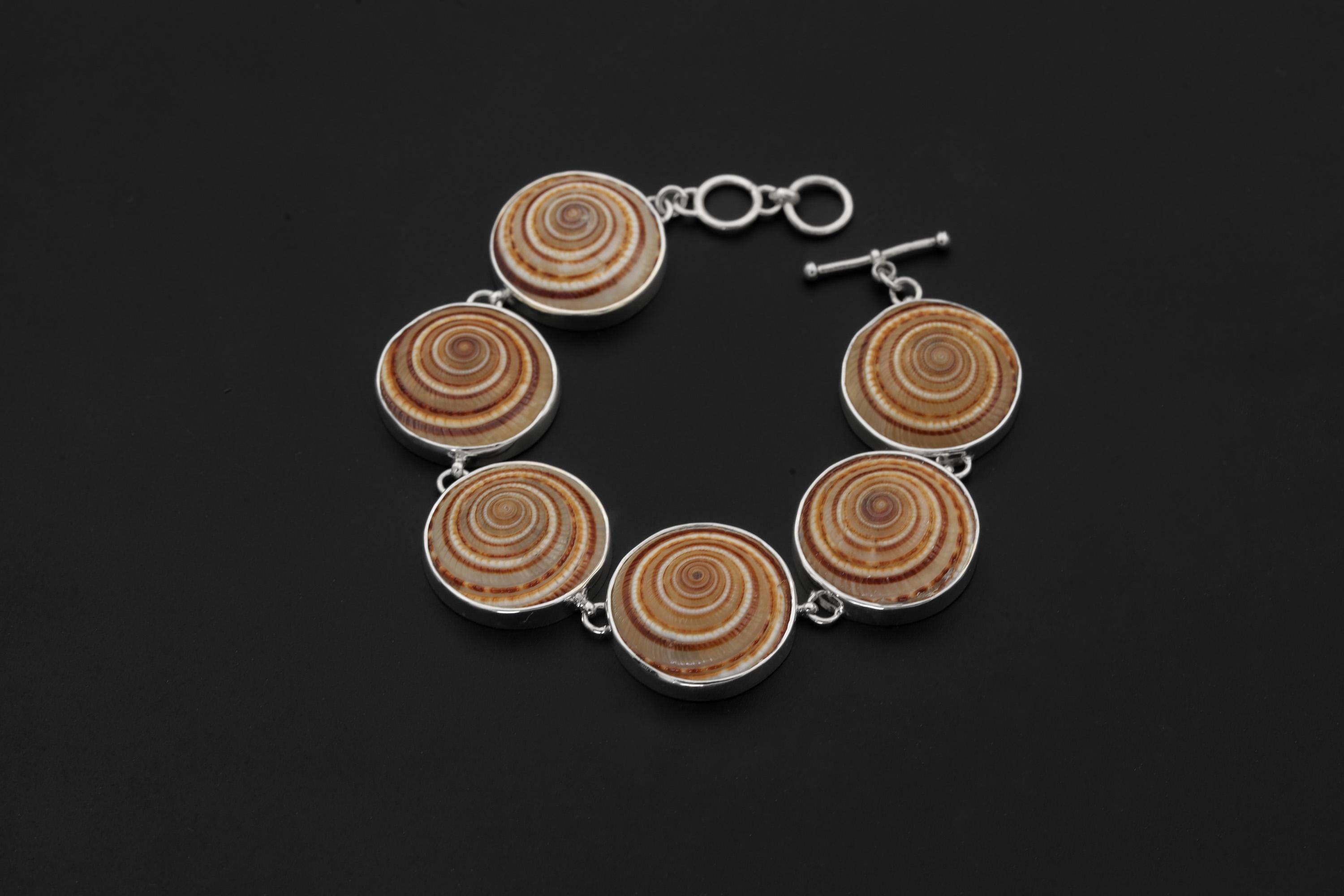 Shell Cabochon Bracelet 925 Silver Spiral Fossil Look Ocean Jewelry Beige Caramel Toggle Clasp Handmade Coastal Gift