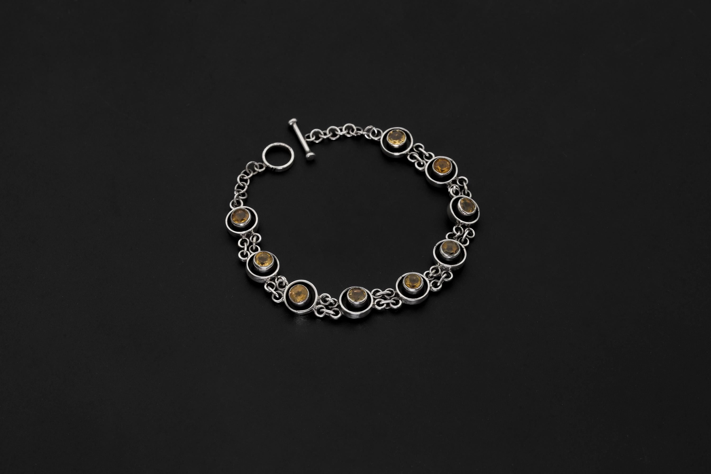 Citrine Bracelet 925 Sterling Silver Faceted Round Gemstone Toggle Clasp Solar Plexus Chakra Abundance Gift