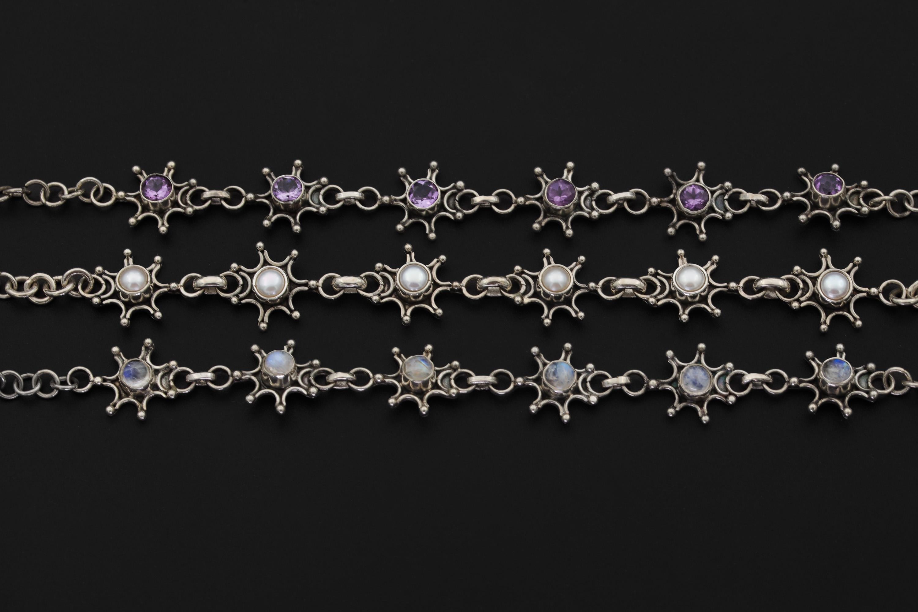 Freshwater Pearl Bracelet 925 Sterling Silver Starburst Design, Handmade Adjustable Chain Jewelry, Healing Crystal Gift for Her