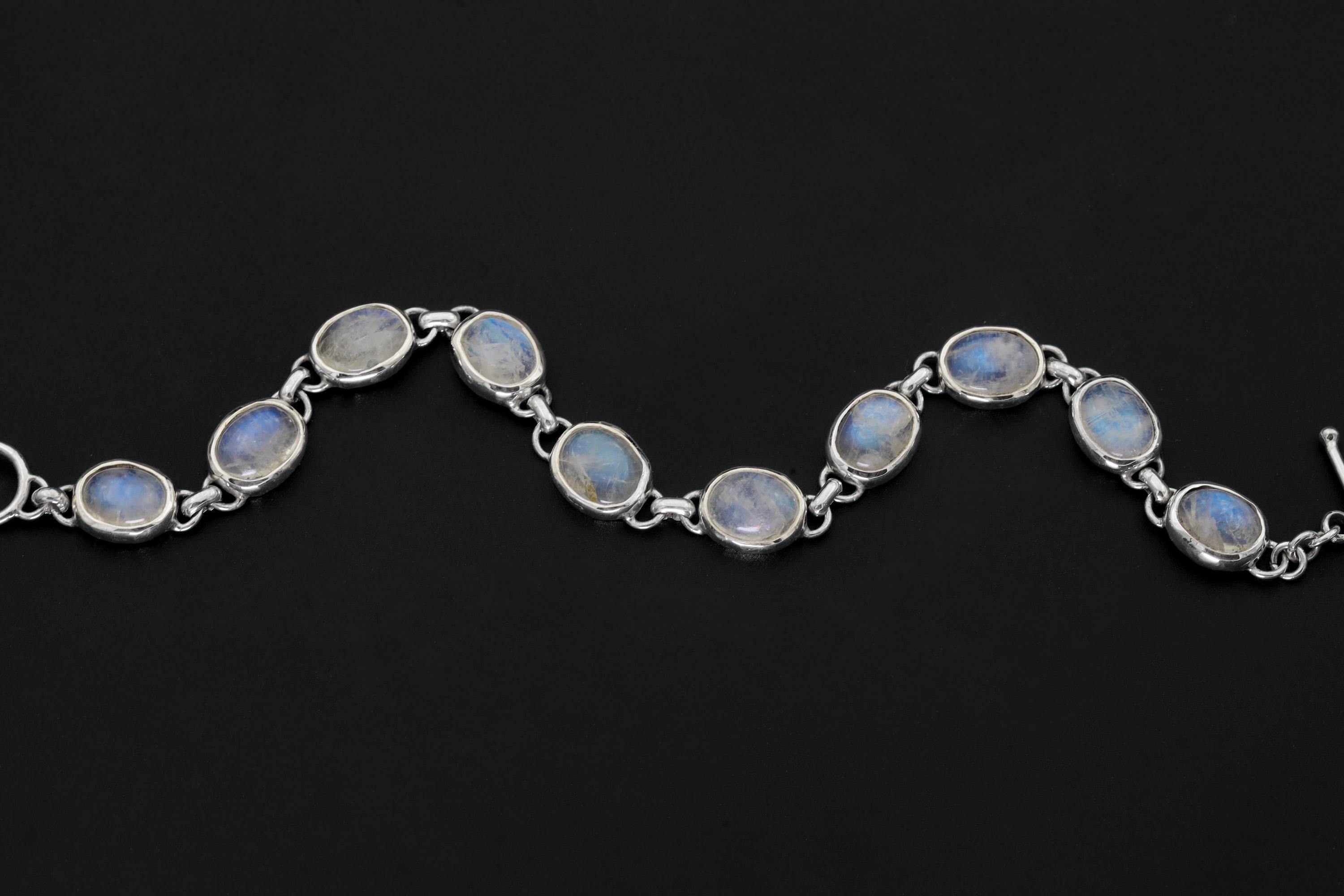 Blue Moonstone Bracelet 925 Sterling Silver AAA Oval Cabochons Toggle Clasp Crown Chakra Cancer Libra Gift