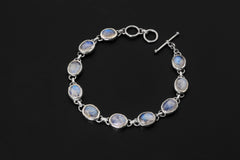 AAA Grade Blue Moonstone Cabochon Bracelet Sterling Silver 925, Adjustable Handmade Gemstone Jewelry, Crown Chakra Healing, Unique Gift
