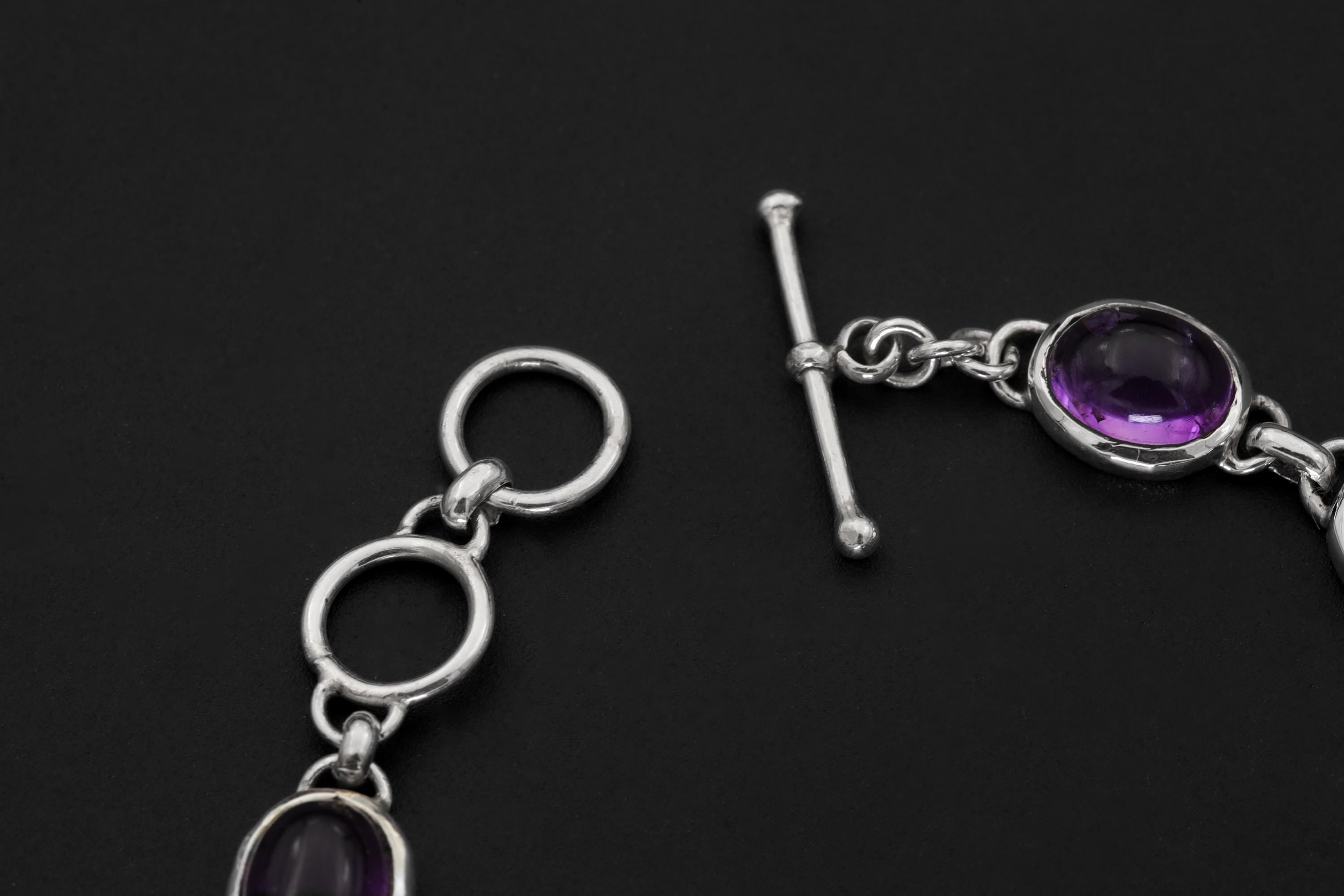 Cabochon Amethyst Bracelet Sterling Silver 925, Handmade Gemstone Jewelry, Pisces, Crown Chakra Healing, Intuition & Balance Gift