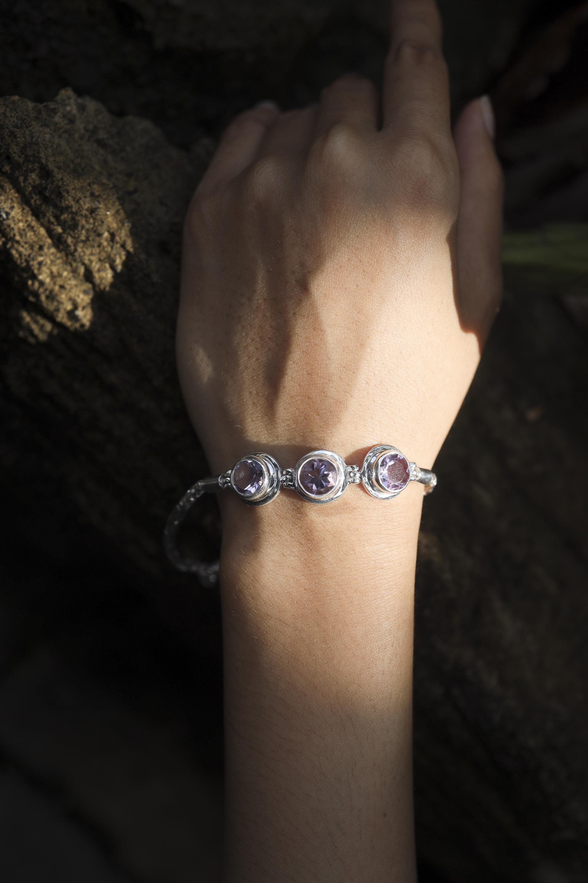 Amethyst Bracelet 925 Sterling Silver Byzantine Chain AAA Faceted Oval Gemstones Crown Chakra Aquarius Pisces Gift