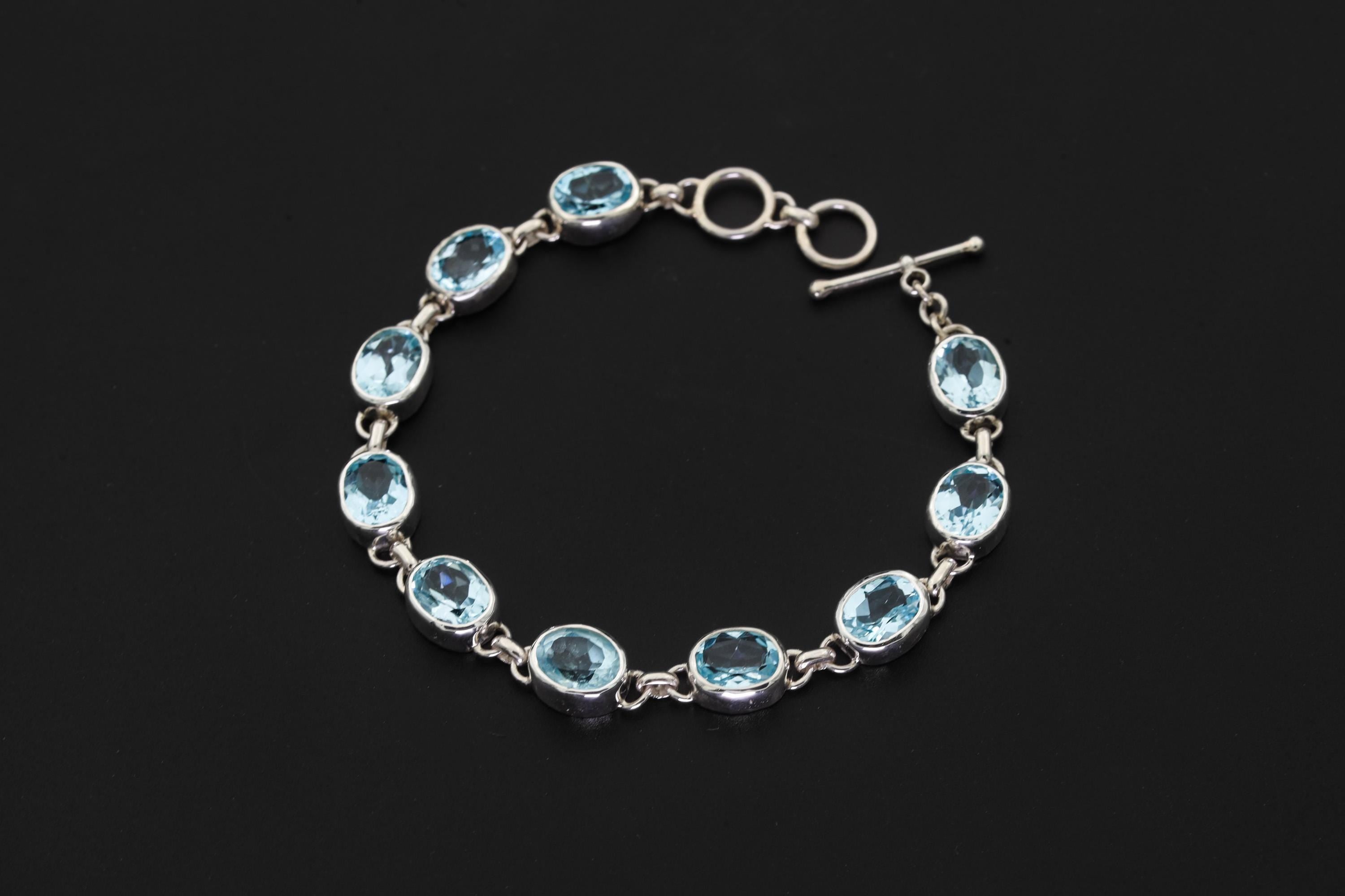 Faceted Blue Topaz Bracelet Sterling Silver 925, Handmade Crystal Jewelry, Pisces Zodiac Crown Chakra Healing Intuition Balance Gift