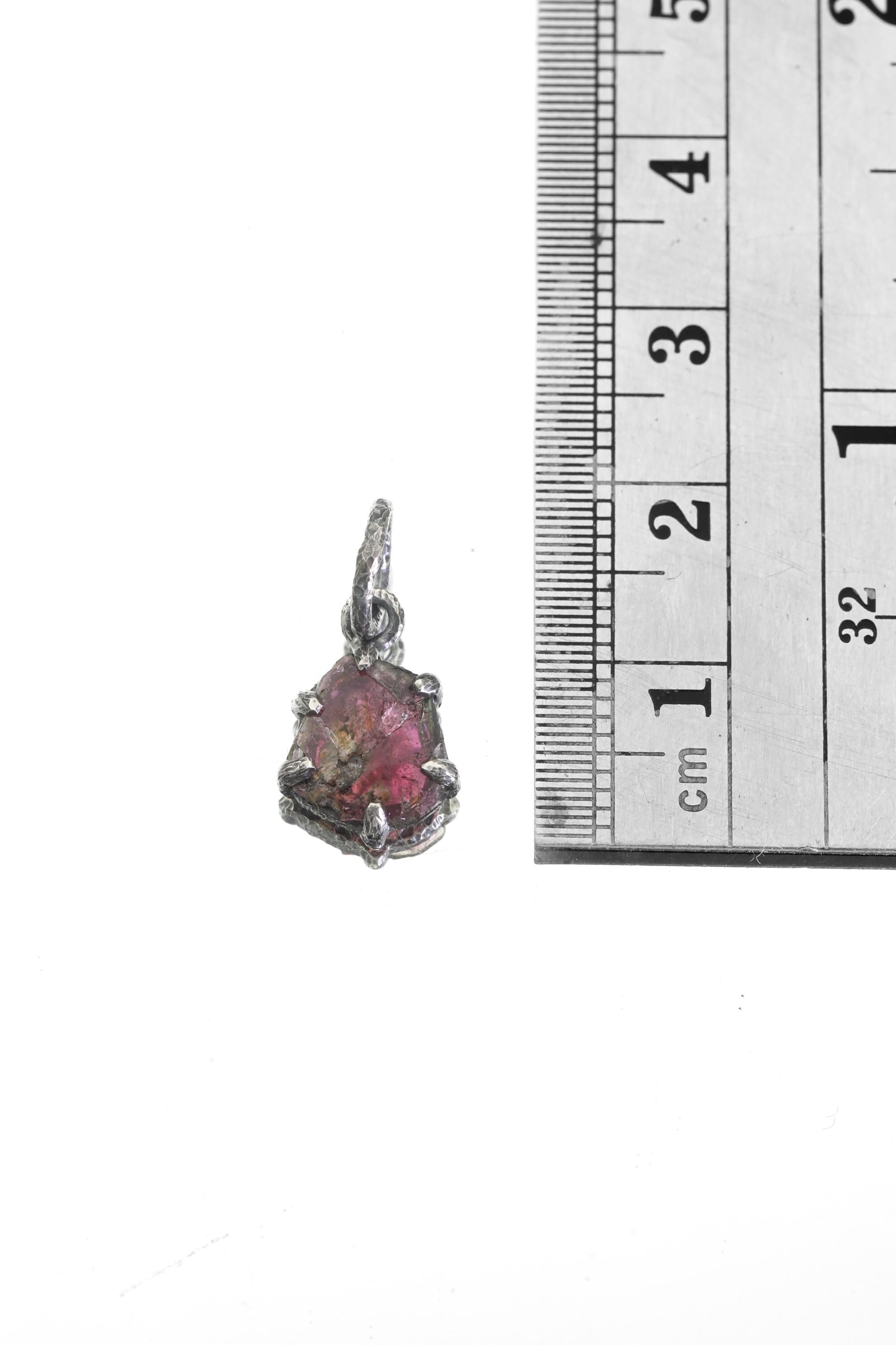 Polished slice of Natural Pink Tourmaline (Rubellite) wand with Darker Rind Pendant, Sterling Silver Claw Setting, Oxidized Hammer Finish