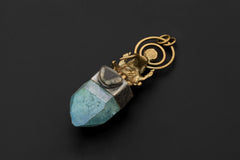 Ganesha Brass Cast Pendant, Aqua Aura Window Quartz Point Gem Grade Blue Tourmaline Slice, 925 Silver Bezel, Oxidized & Hammered Textured