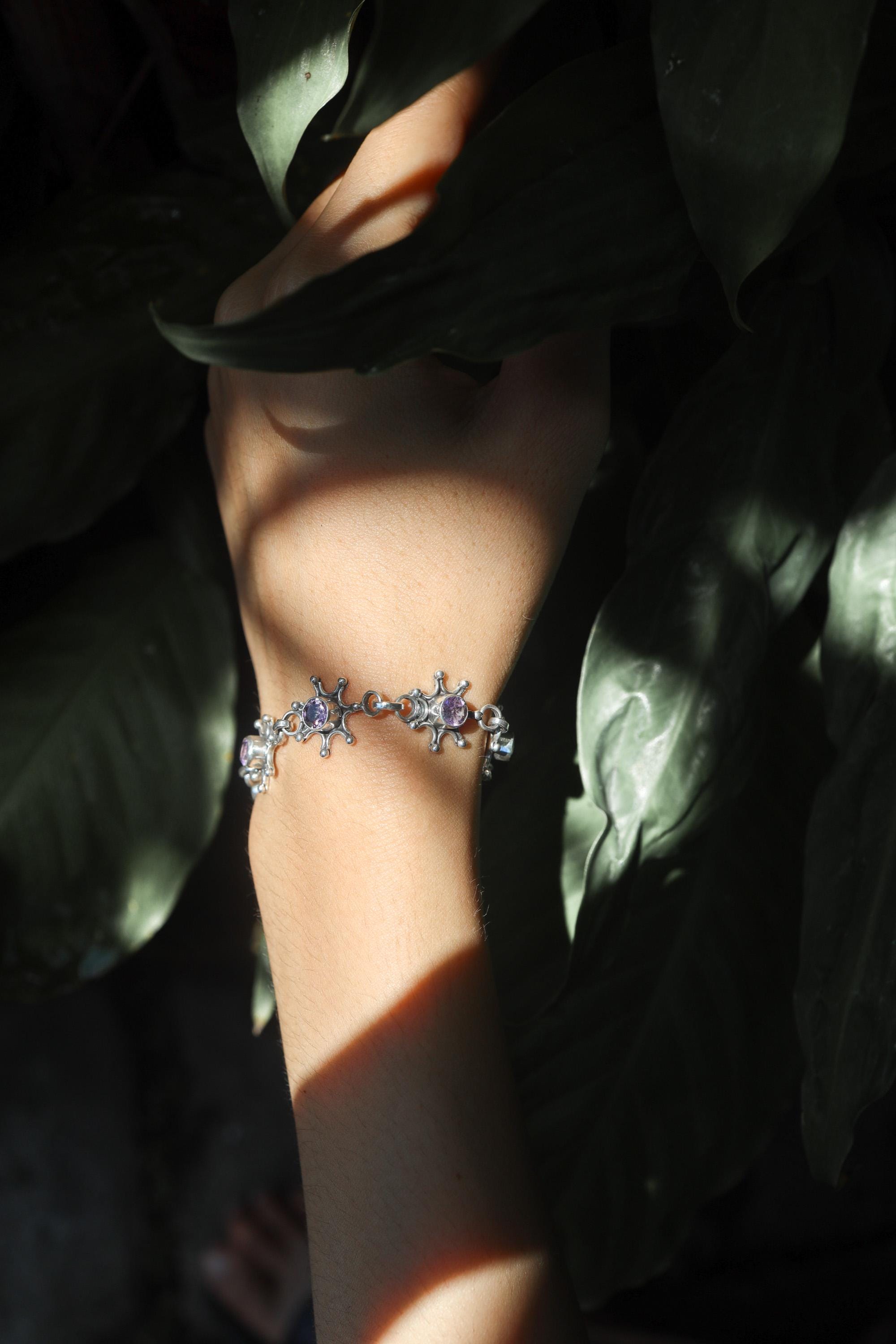 Amethyst Star Bracelet 925 Sterling Silver Adjustable 18-20cm Violet Gemstone Crown Chakra Aquarius Pisces Gift