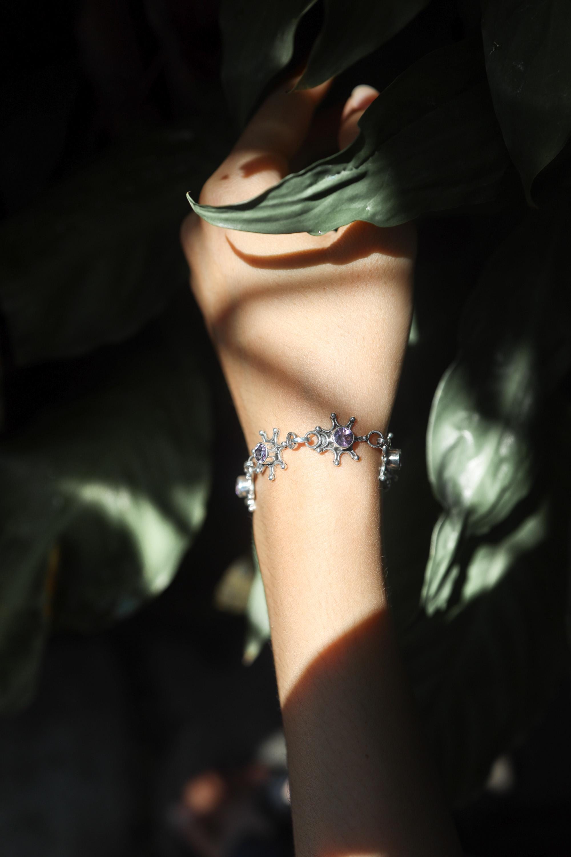 Amethyst Bracelet 925 Sterling Silver, Adjustable, Unique Handmade Design, Chakra Healing Crystal Jewelry Gift