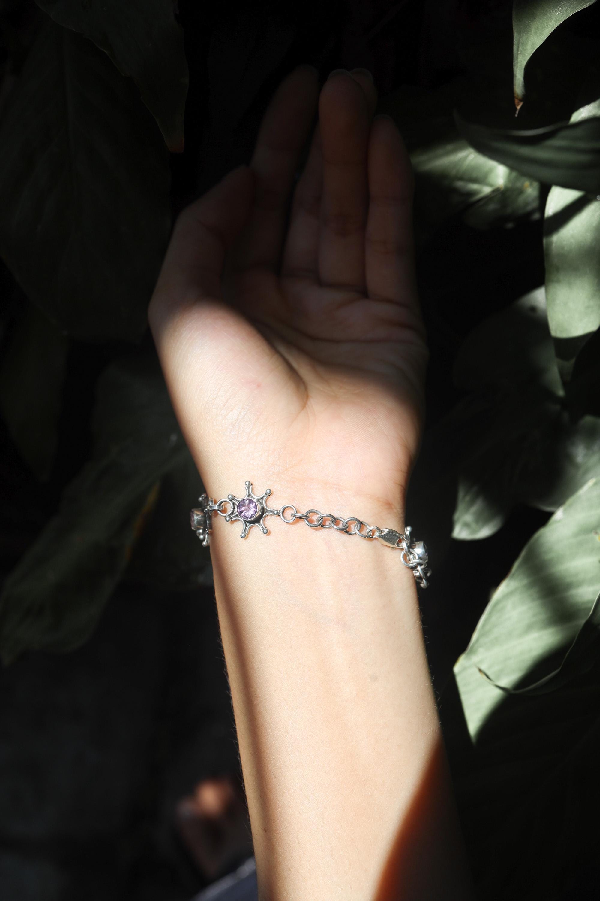 Amethyst Star Bracelet 925 Sterling Silver Adjustable 18-20cm Violet Gemstone Crown Chakra Aquarius Pisces Gift