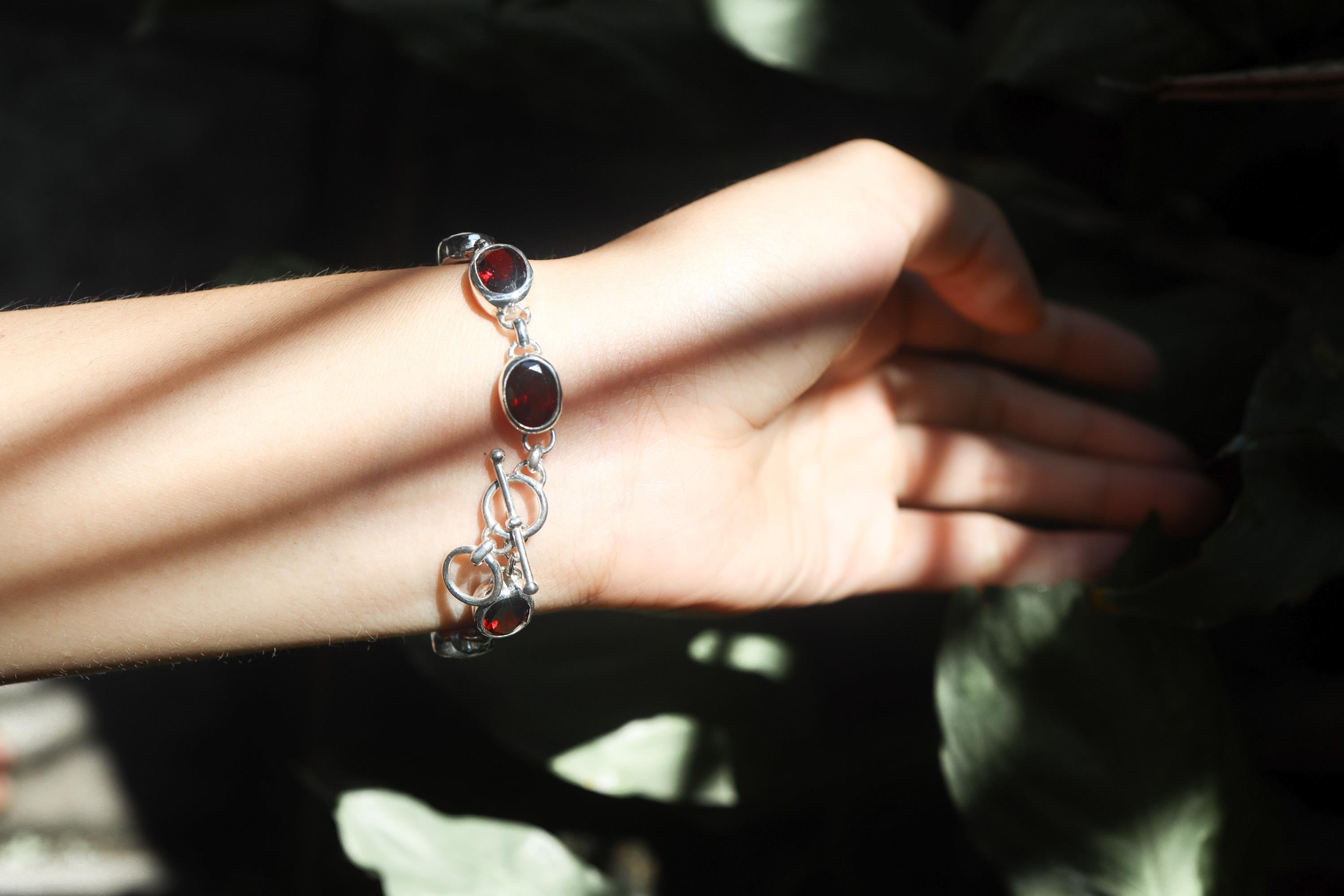 Garnet Tennis Bracelet 925 Sterling Silver Oval Faceted Gemstone Bezel Set Root Chakra January Birthstone Gift