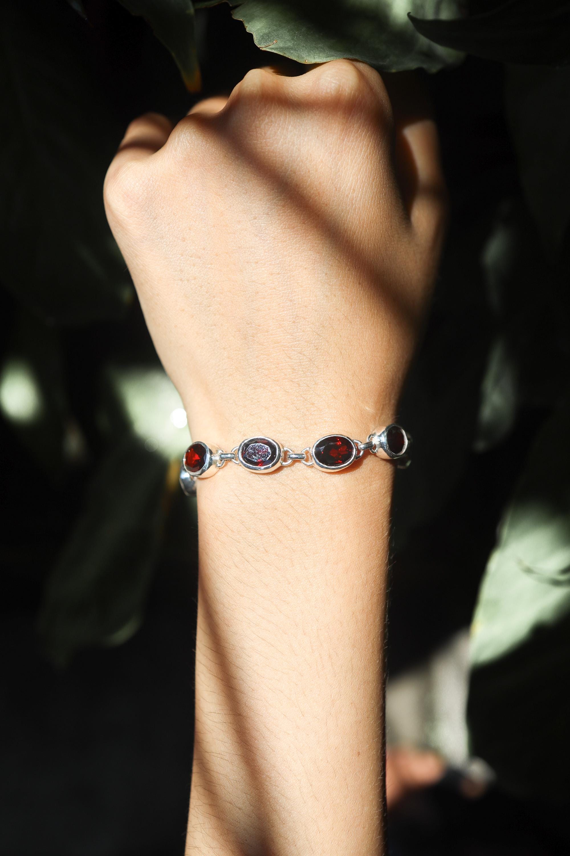 Garnet Tennis Bracelet 925 Sterling Silver Oval Faceted Gemstone Bezel Set Root Chakra January Birthstone Gift