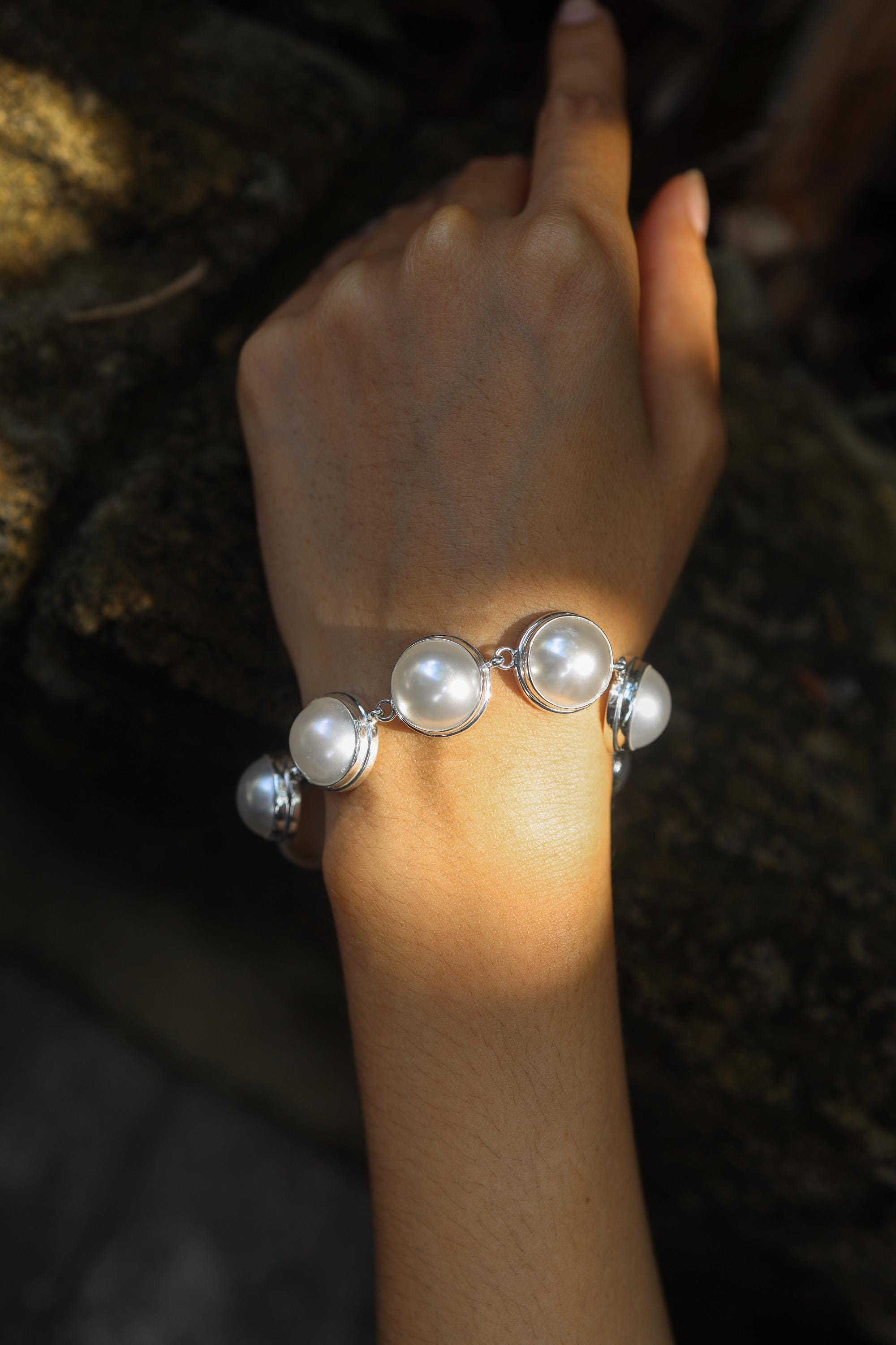 Mabe Pearls Bracelet, Sterling Silver 925, 7 Large Luminous Perfect White Pearls Adjustable Clasp Chain Ocean Energy Heart Healing Gift