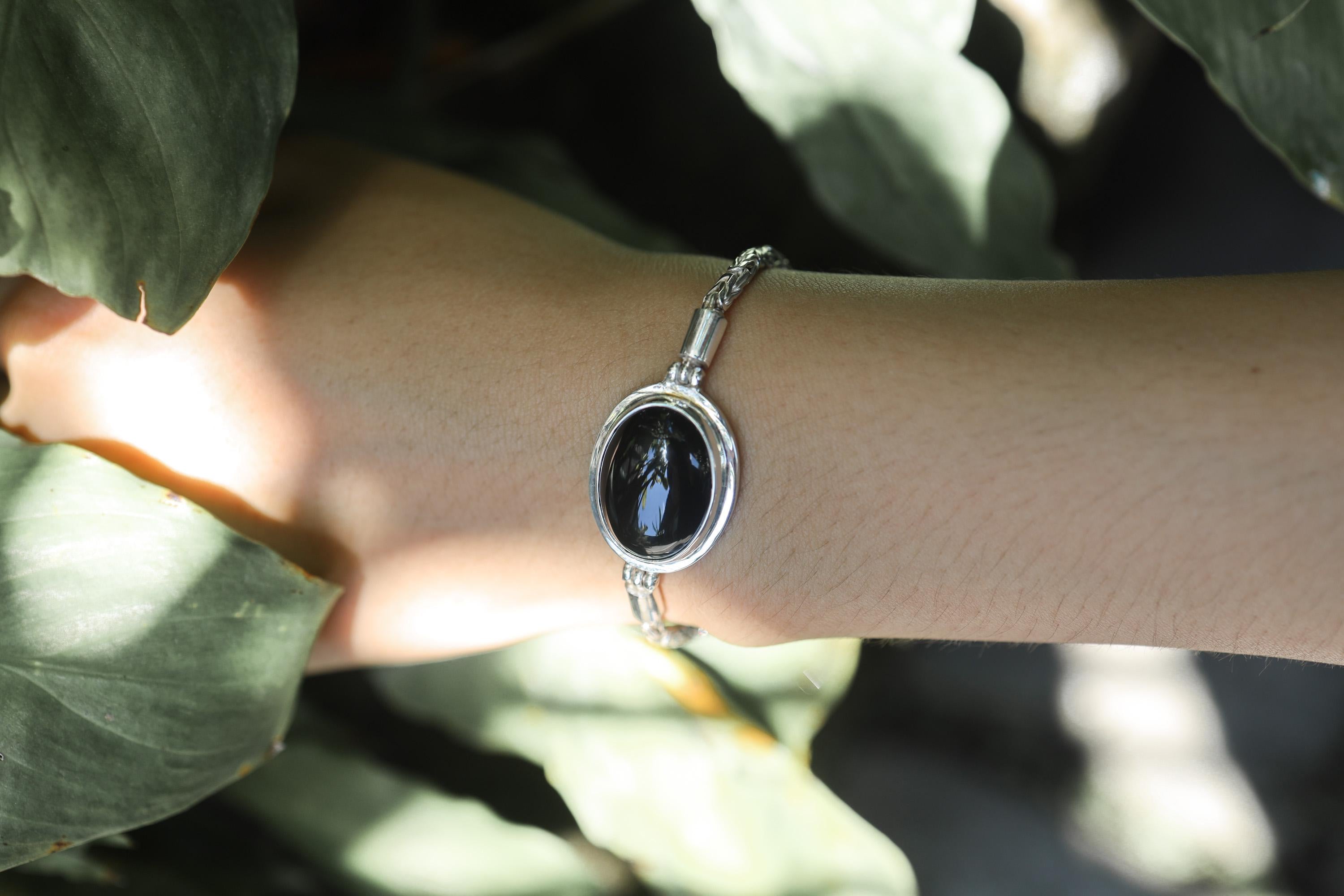 Black Onyx Cabochon Bracelet Sterling Silver, Byzantine Chain, 925 Silver, Oval Gemstone, Adjustable 18–21cm, Chakra Healing Jewelry Gift