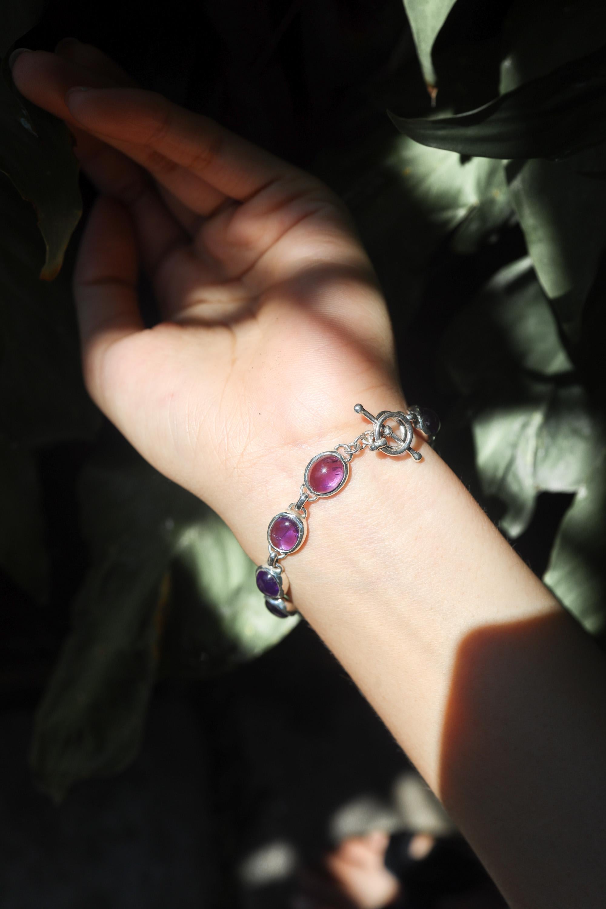 Cabochon Amethyst Bracelet Sterling Silver 925, Handmade Gemstone Jewelry, Pisces, Crown Chakra Healing, Intuition & Balance Gift